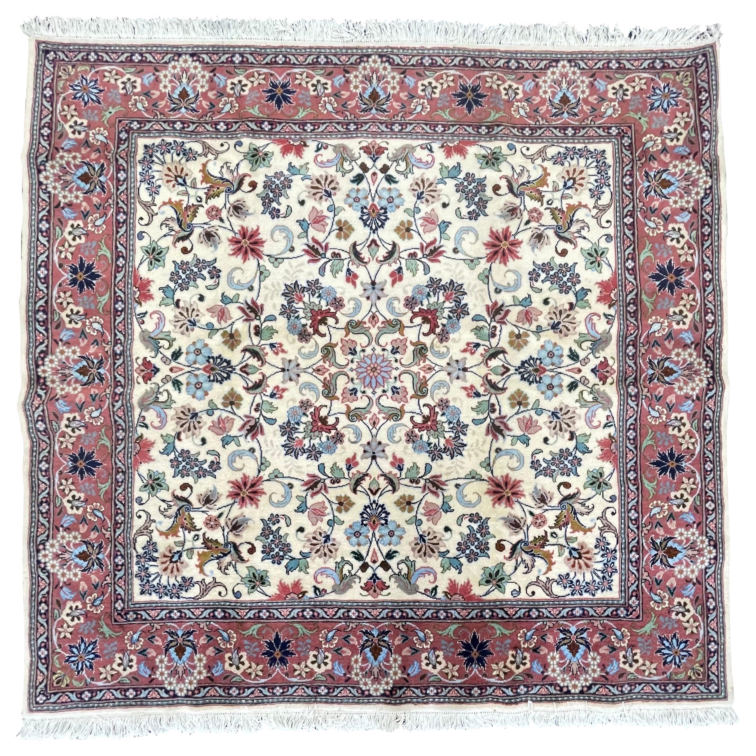 Kashan Quadratischer Kashan-Teppich in Elfenbein im Angebot