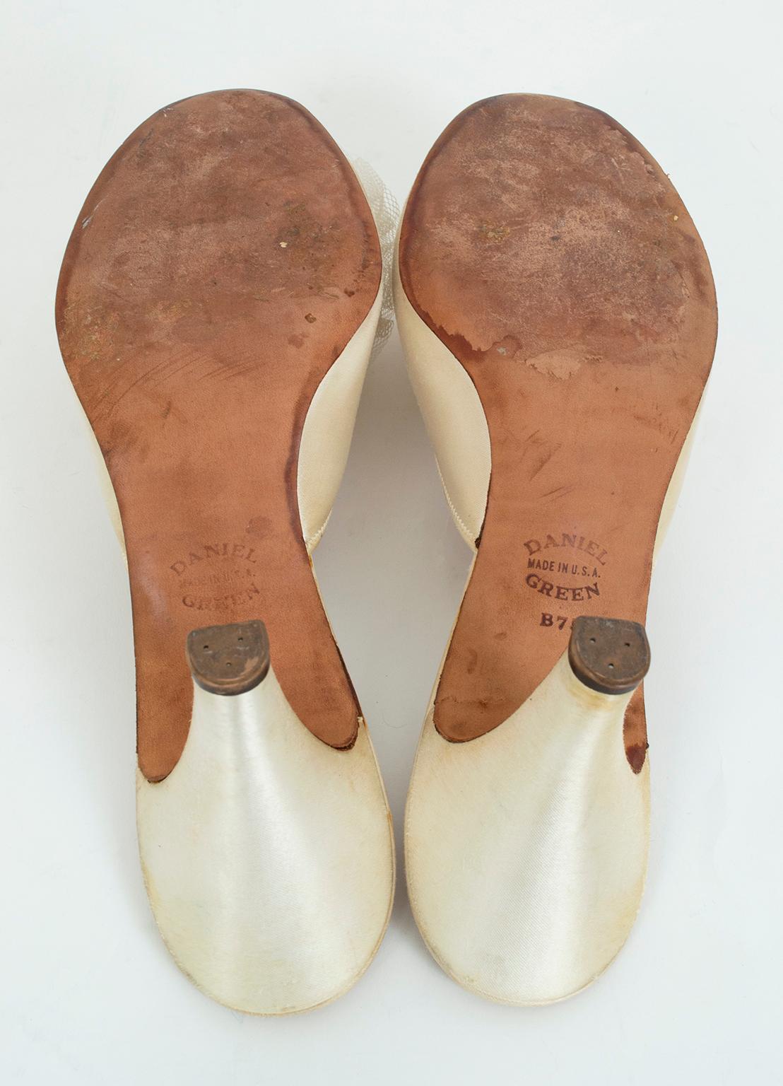 Women's Ivory Kitten Heel Peep-Toe Boudoir Mule Slippers w Tulle Rosettes - 7.5B, 1950s