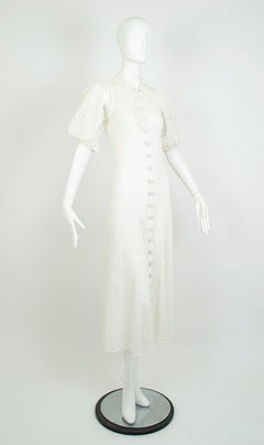Ivory Lace Bridal Shirtwaist Princess Tea Gown with Slashed Puff Sleeve–XS, 1950