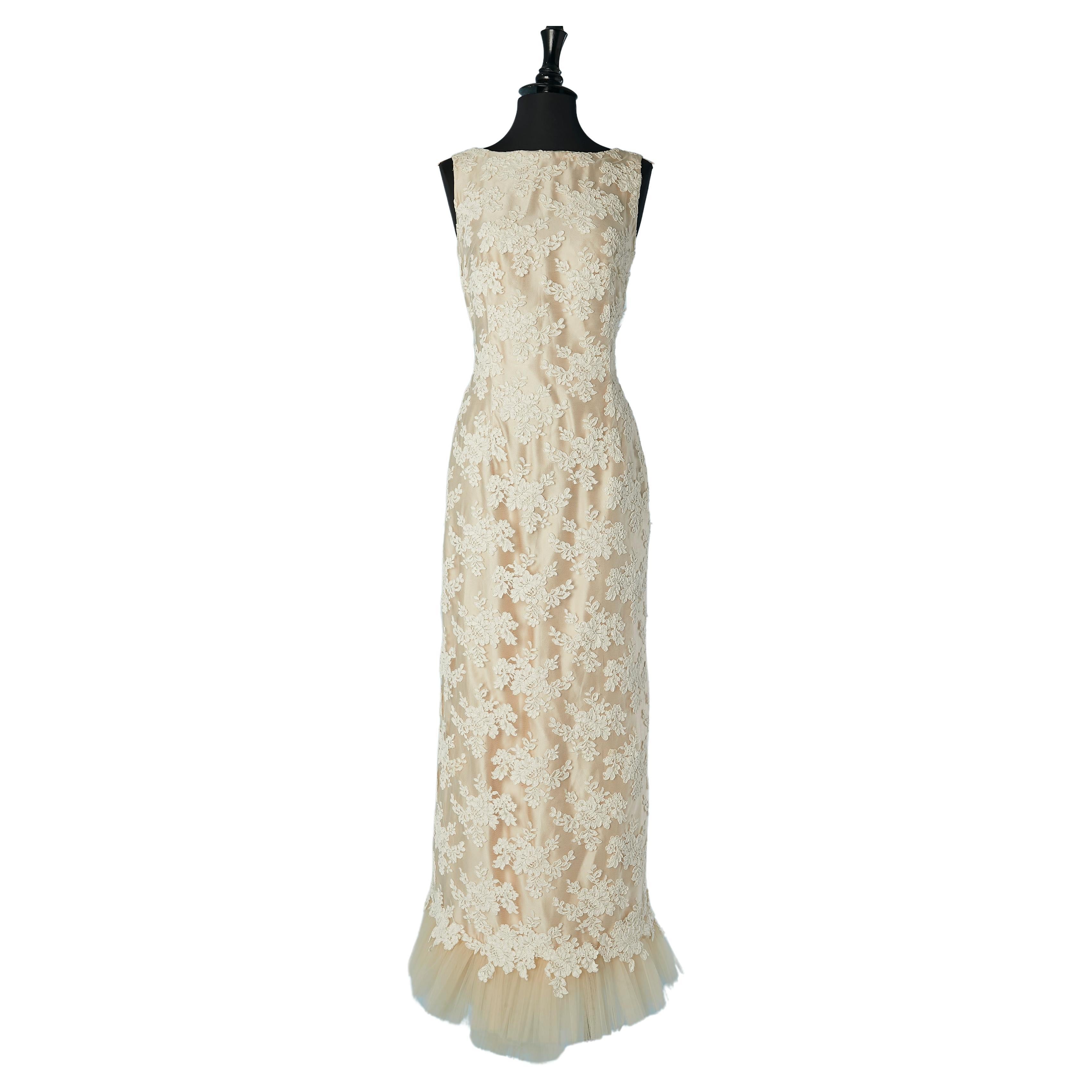 Ivory lace wedding dress with tulle ruffle bottom edge Circa 1960's For Sale