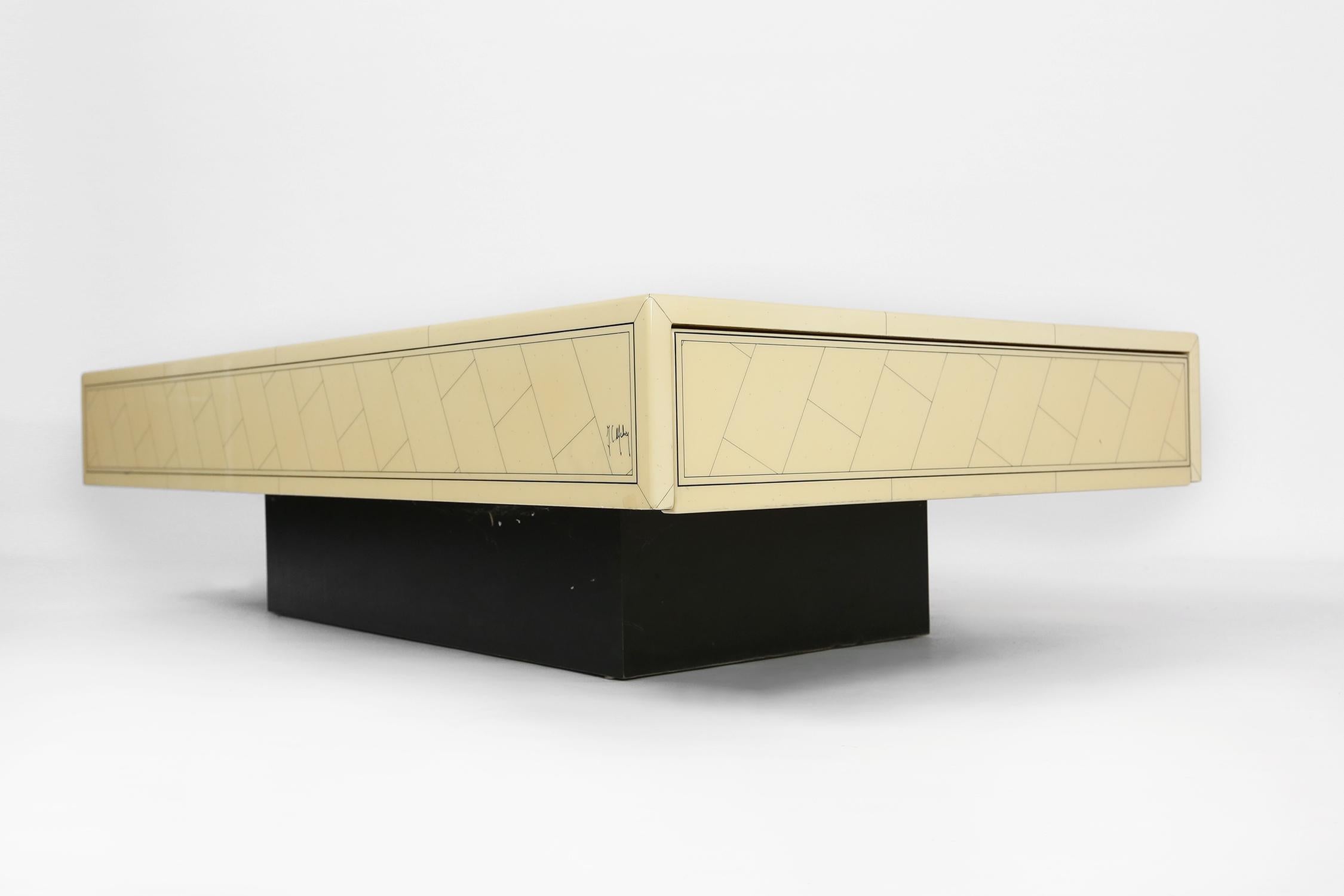 Wood Ivory Lacquer Coffee Table with Drawers by Jean Claude Mahey, 1970s