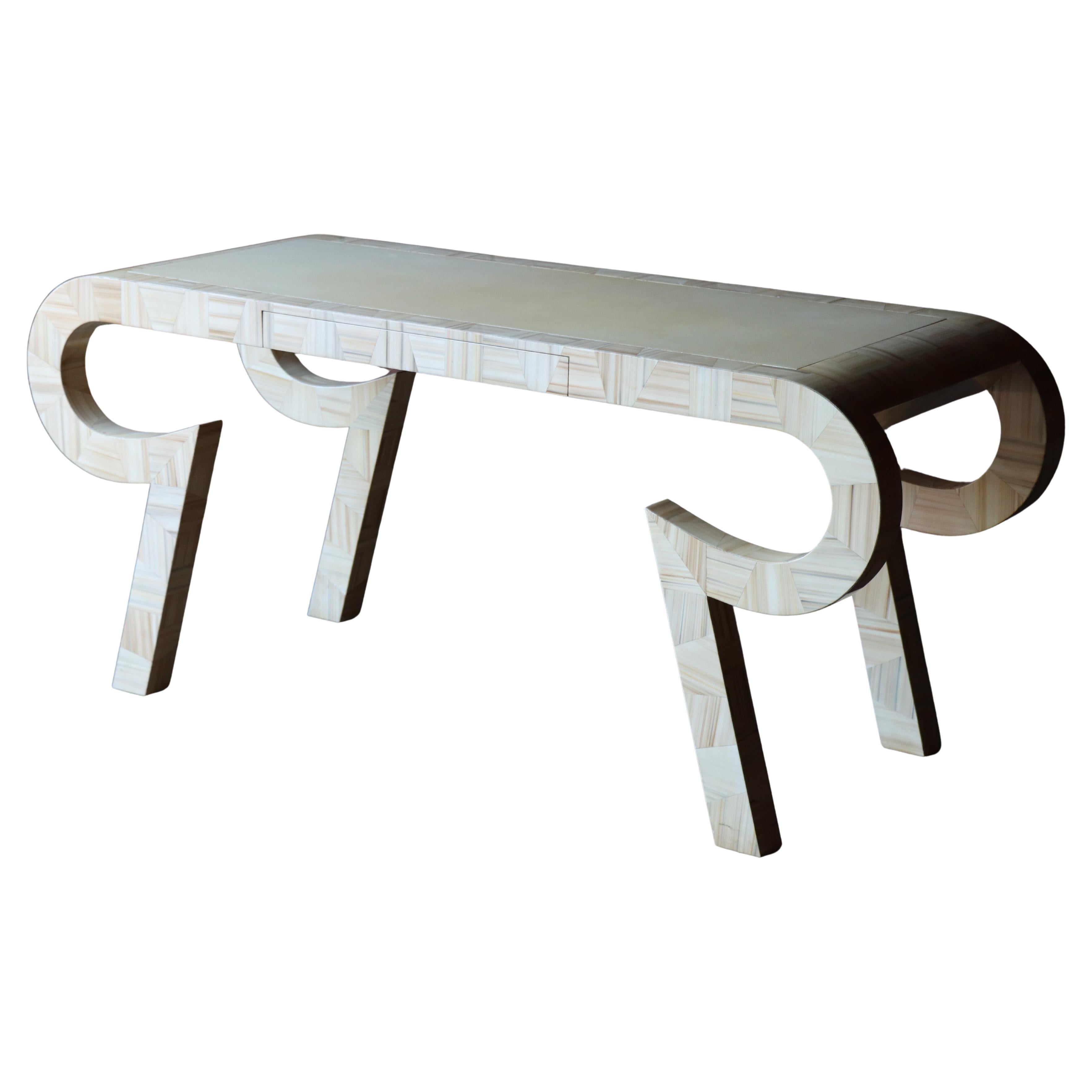 Ivory Lacquered Desk with Leather Top by Alessandro for Baker, 1980s