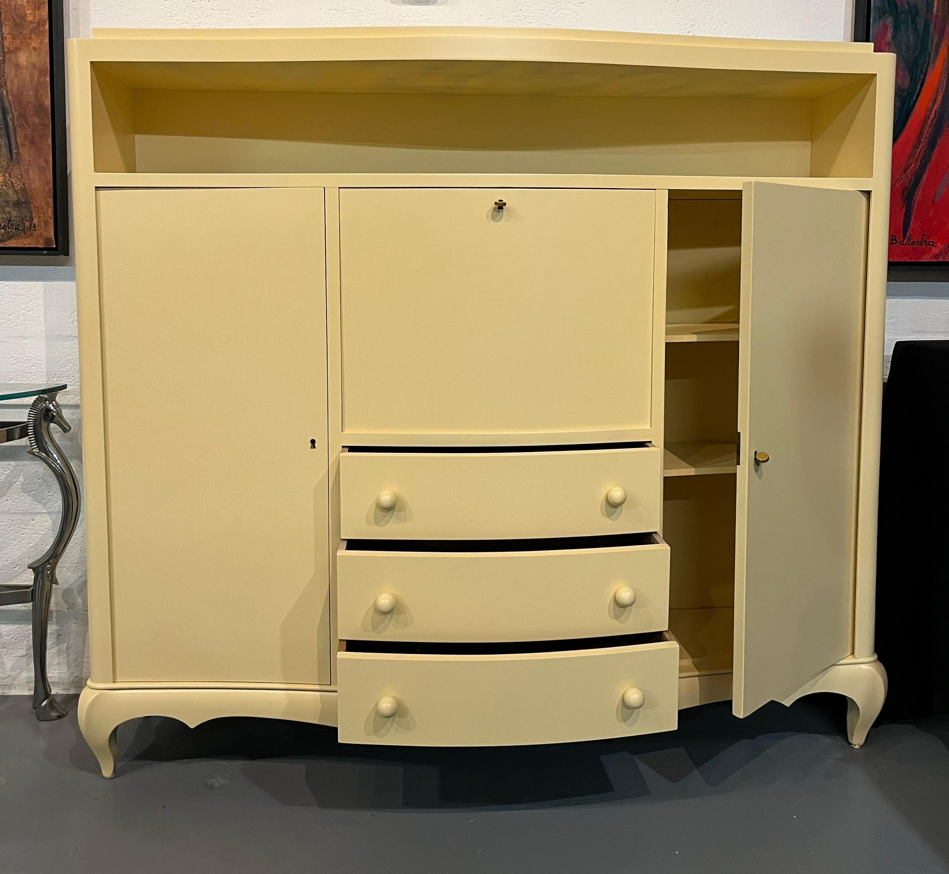 Mid-Century Modern Ivory Lacquered French Art Deco Cabinet or Writing Desk in the style of Arbus For Sale