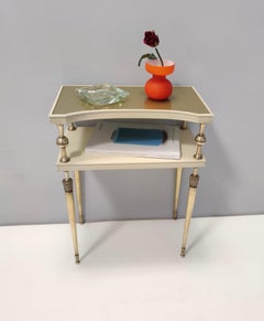 Ivory Lacquered Nightstand / Console Table with Golden Top and Brass Legs, Italy