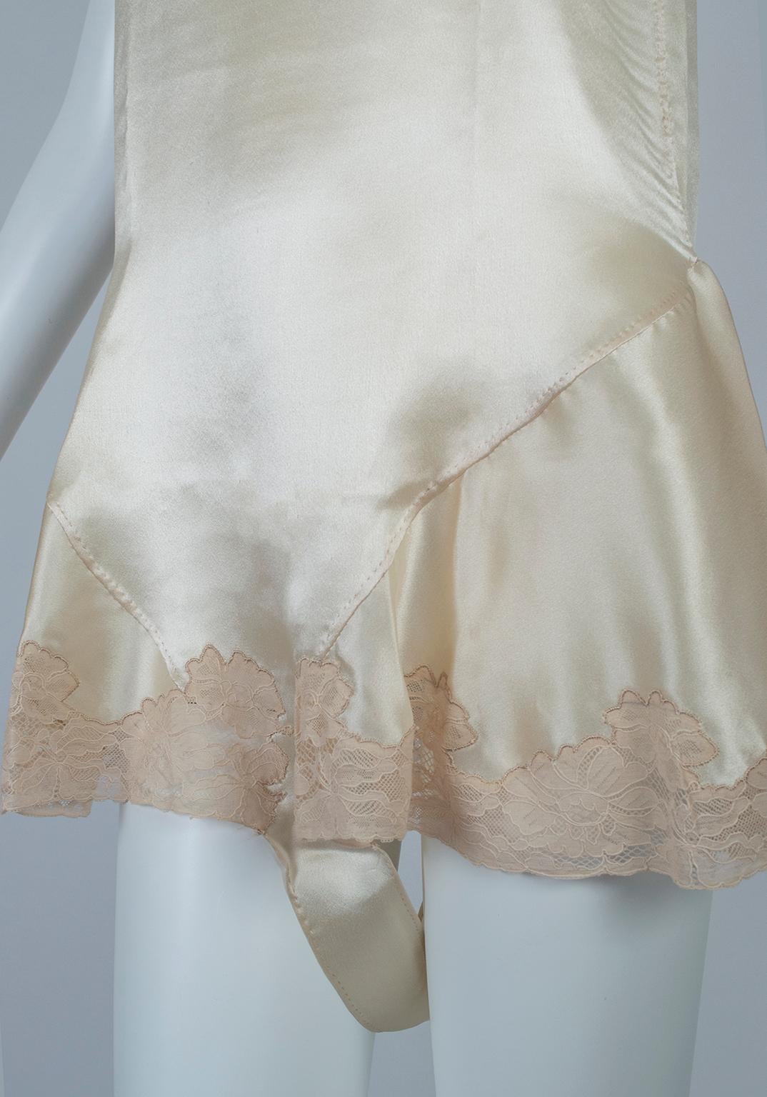 Ivory Bridal Trousseau Lacquered Satin Skirt Leg Step-In Romper Teddy –XS, 1920s For Sale 3
