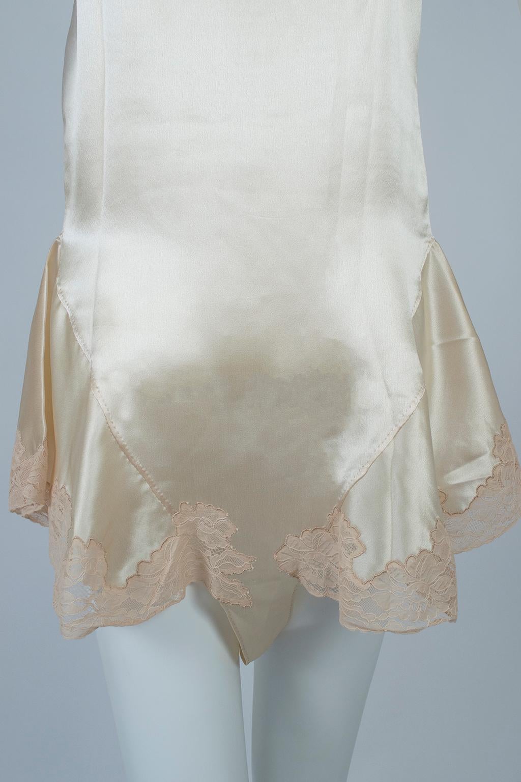 Ivory Bridal Trousseau Lacquered Satin Skirt Leg Step-In Romper Teddy –XS, 1920s For Sale 5