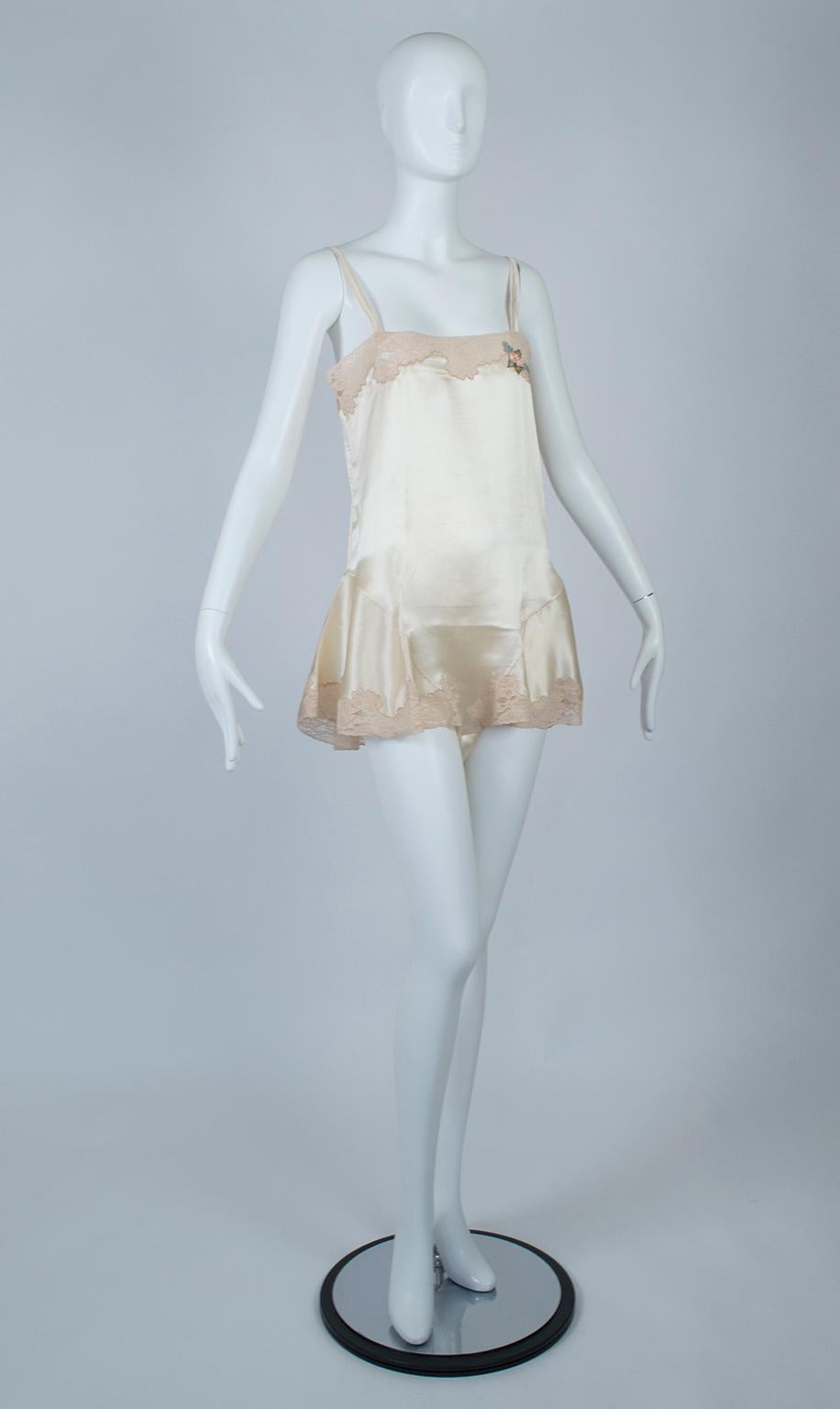 Though it looks and wears like a negligée, this wisp of a garment was an intermediate step between the chemise-style undergarments of the Victorian era and the separate bra and panties we wear today. Called “step-ins”, they made ideal sleepwear and