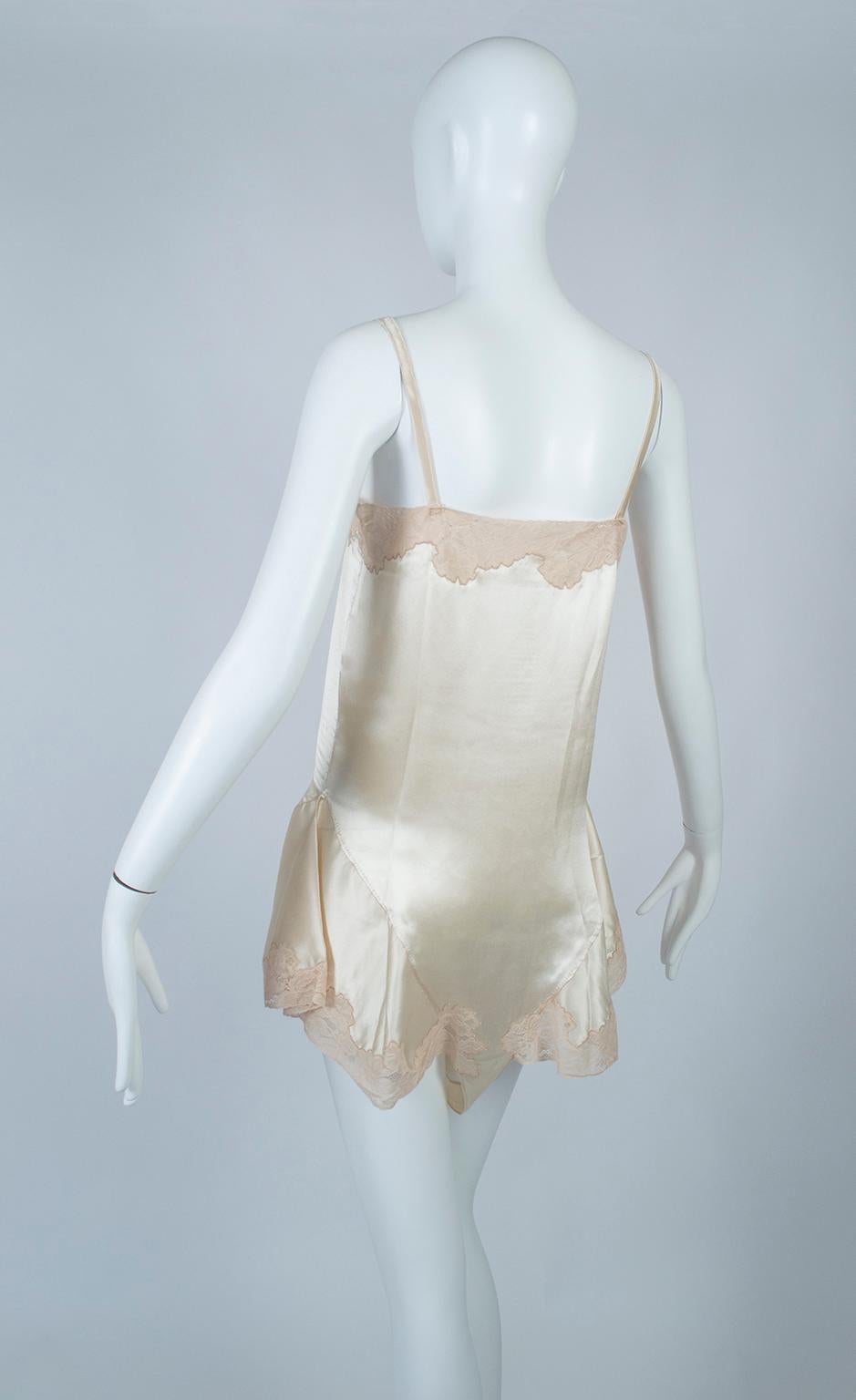 Gray Ivory Bridal Trousseau Lacquered Satin Skirt Leg Step-In Romper Teddy –XS, 1920s For Sale