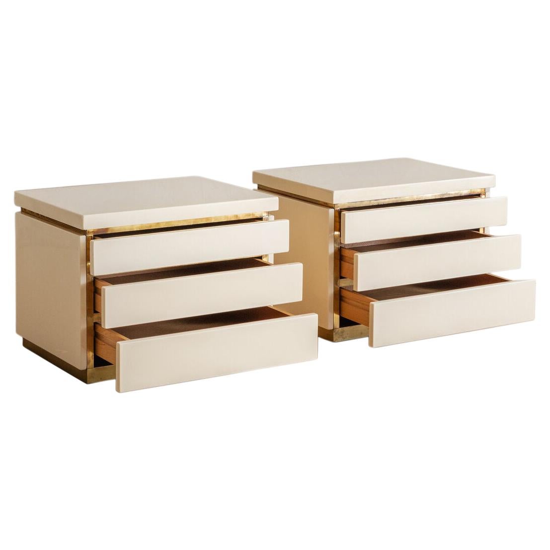 Ivory Lacquered Wood + Brass Inlay Nightstand Cabinets by Jean Claude Mahey