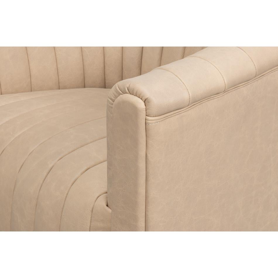 Ivory Leather Channel Tufted Swivel Chair For Sale 4