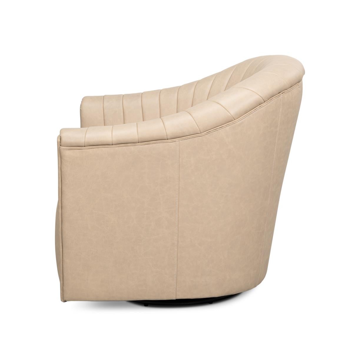 Modern Ivory Leather Channel Tufted Swivel Chair For Sale