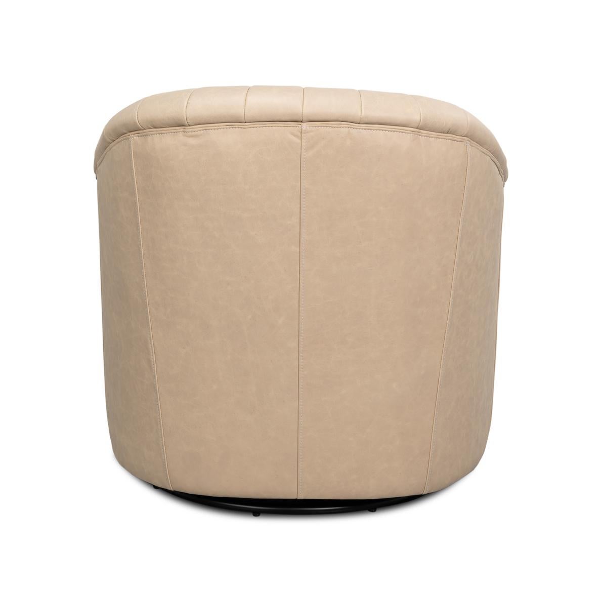 Asian Ivory Leather Channel Tufted Swivel Chair For Sale