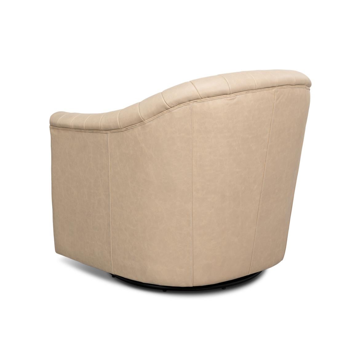 Ivory Leather Channel Tufted Swivel Chair In New Condition For Sale In Westwood, NJ