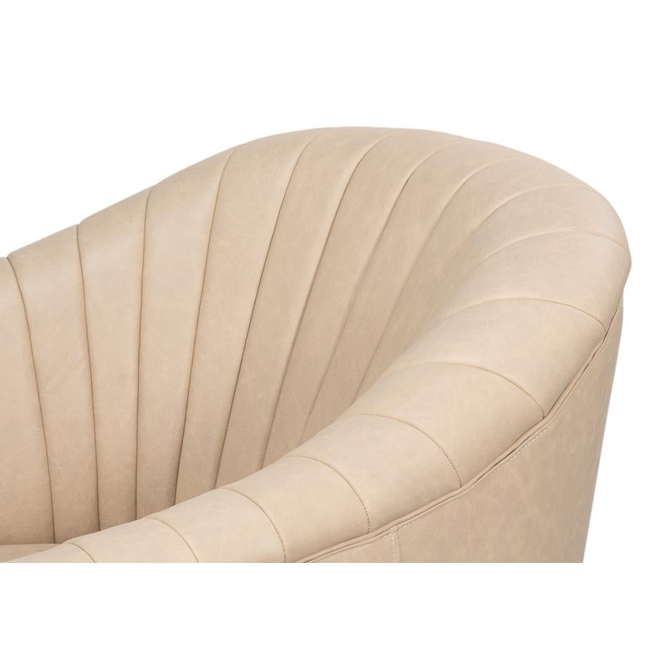 Ivory Leather Channel Tufted Swivel Chair For Sale 1