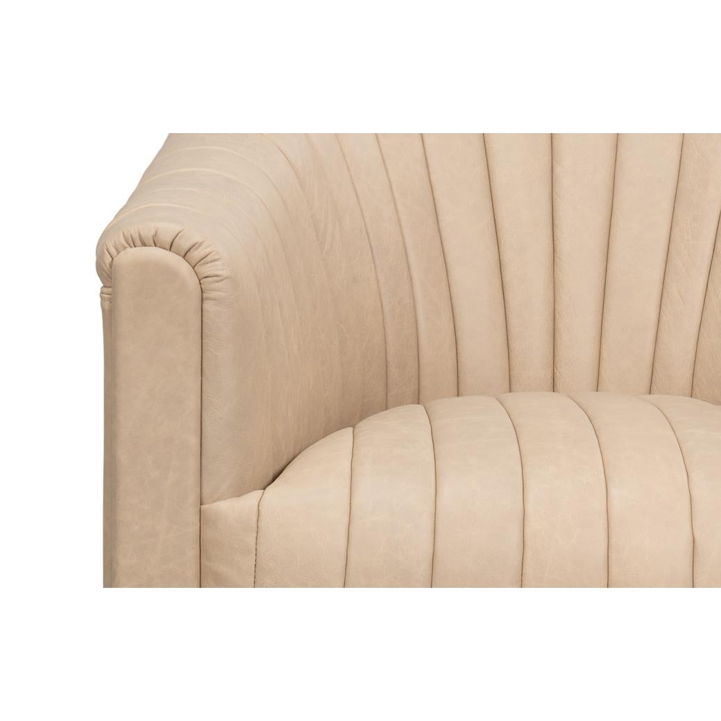 Ivory Leather Channel Tufted Swivel Chair For Sale 3