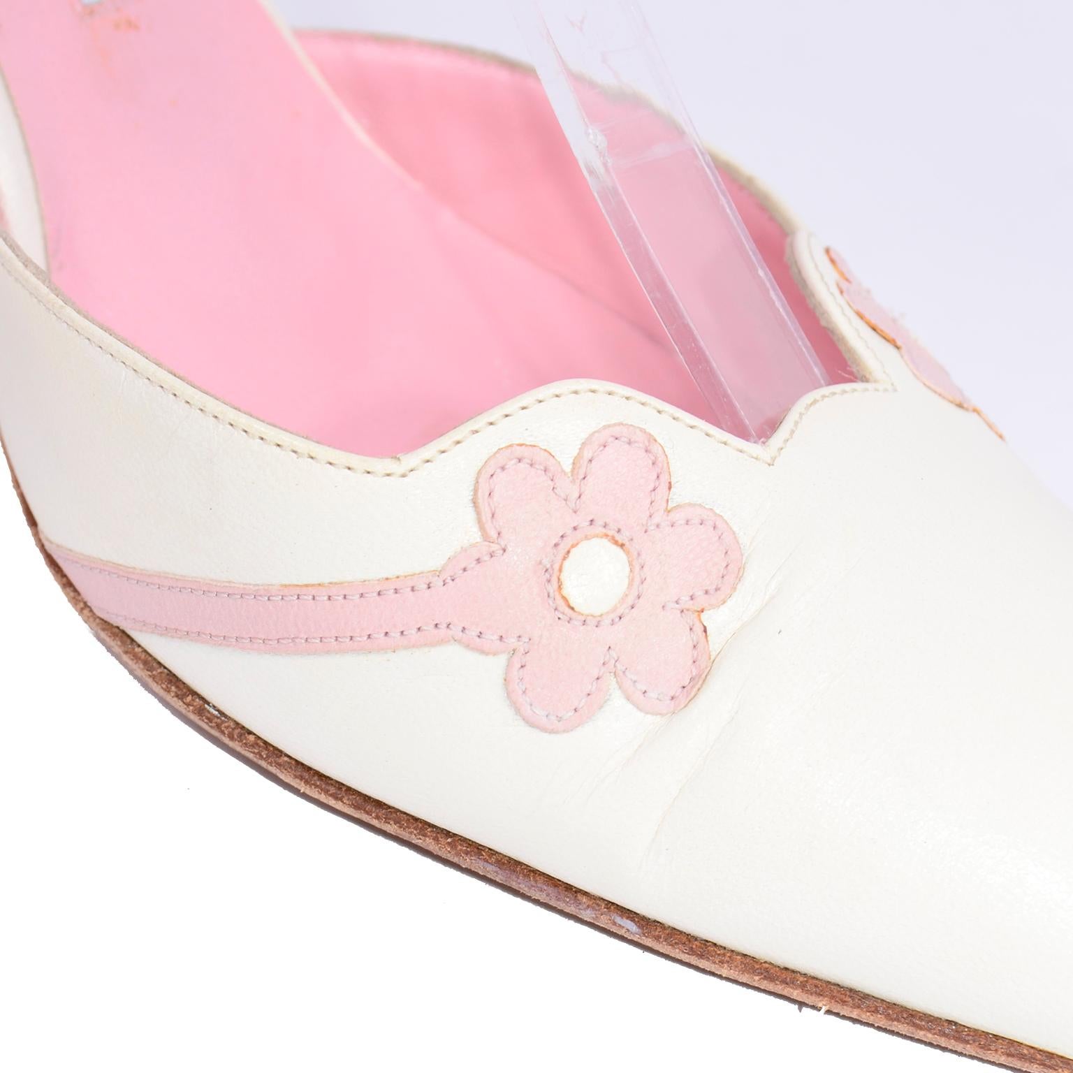 Ivory Leather Manolo Blahnik Shoes With Pink Daisy Flowers and Ankle Straps 4