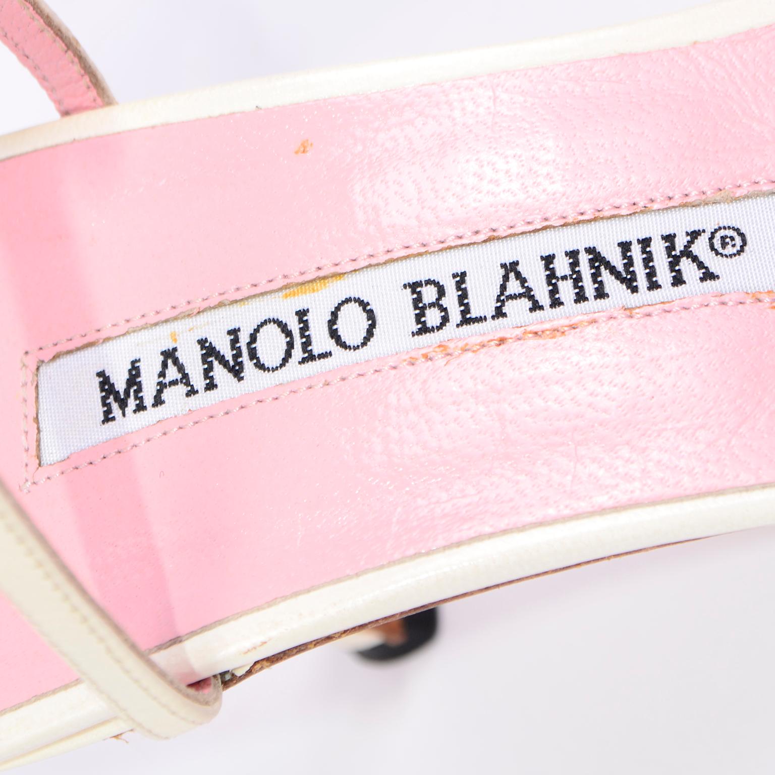 Ivory Leather Manolo Blahnik Shoes With Pink Daisy Flowers and Ankle Straps 8