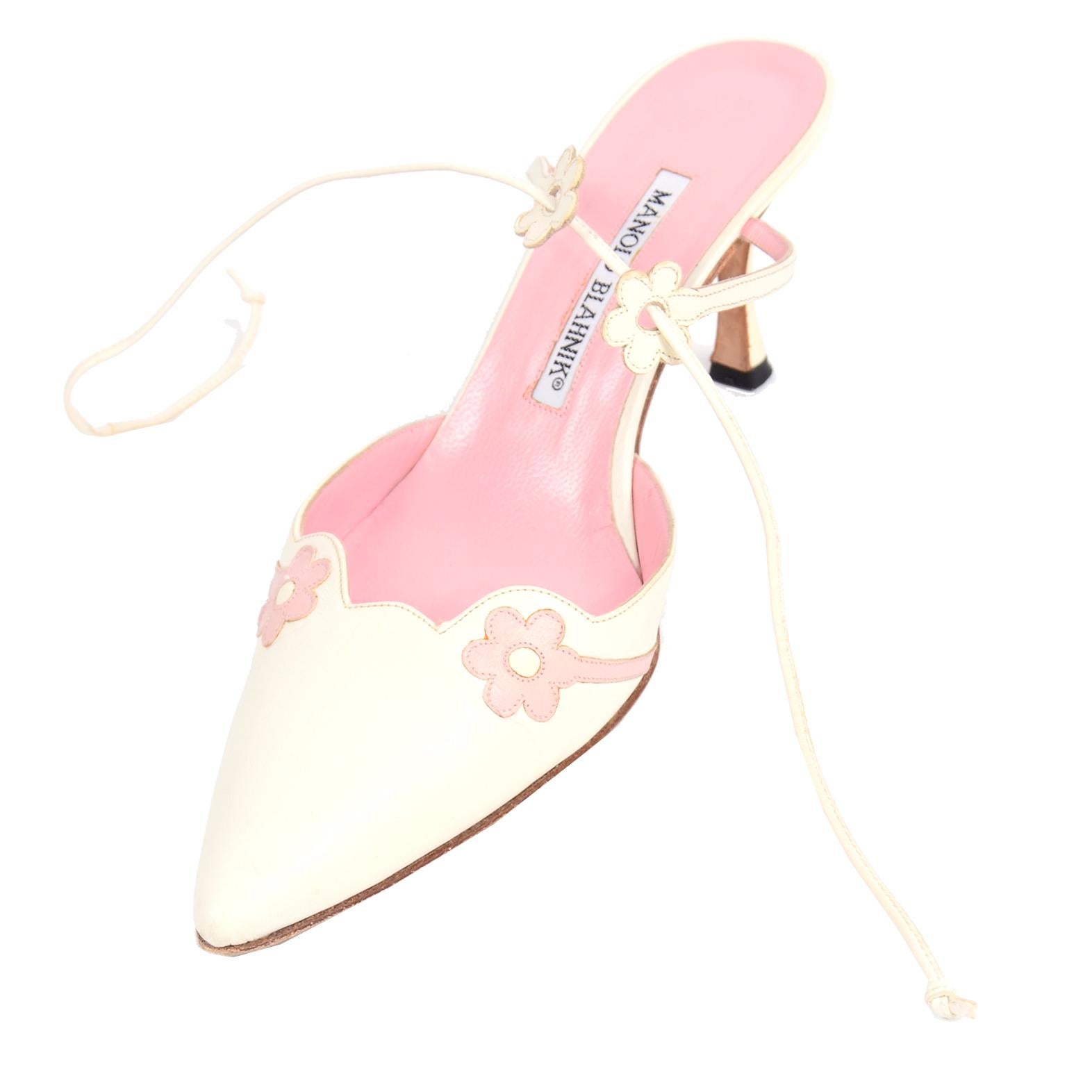 Ivory Leather Manolo Blahnik Shoes With Pink Daisy Flowers and 