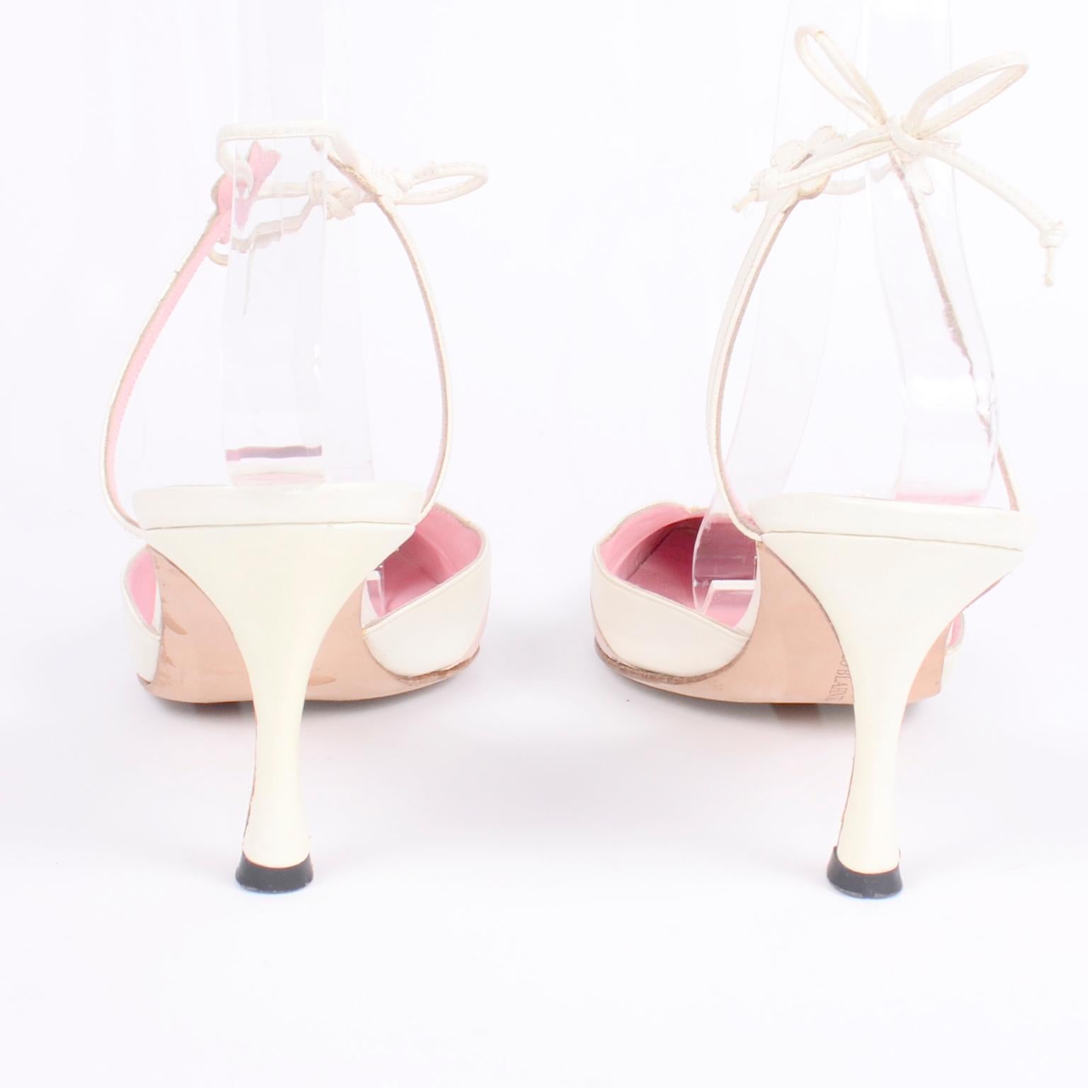 Ivory Leather Manolo Blahnik Shoes With Pink Daisy Flowers and 