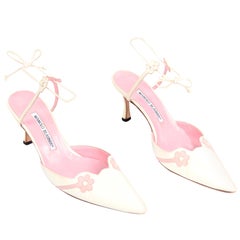 Ivory Leather Manolo Blahnik Shoes With Pink Daisy Flowers and Ankle Straps