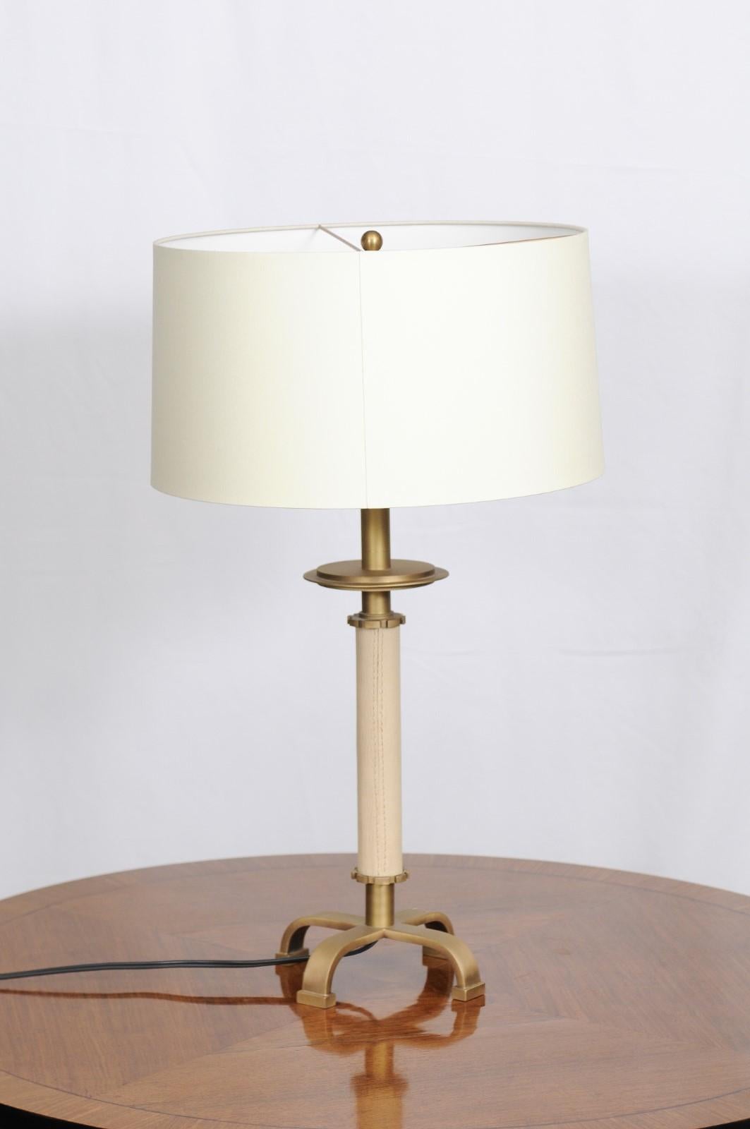 Brass Ivory Leather Moderne Lamp by Thomas Pheasant for Baker For Sale