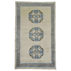 Ivory Light Blue Brown 20th Century Hand Knotted Wool Tibetan Scatter Throw Rug