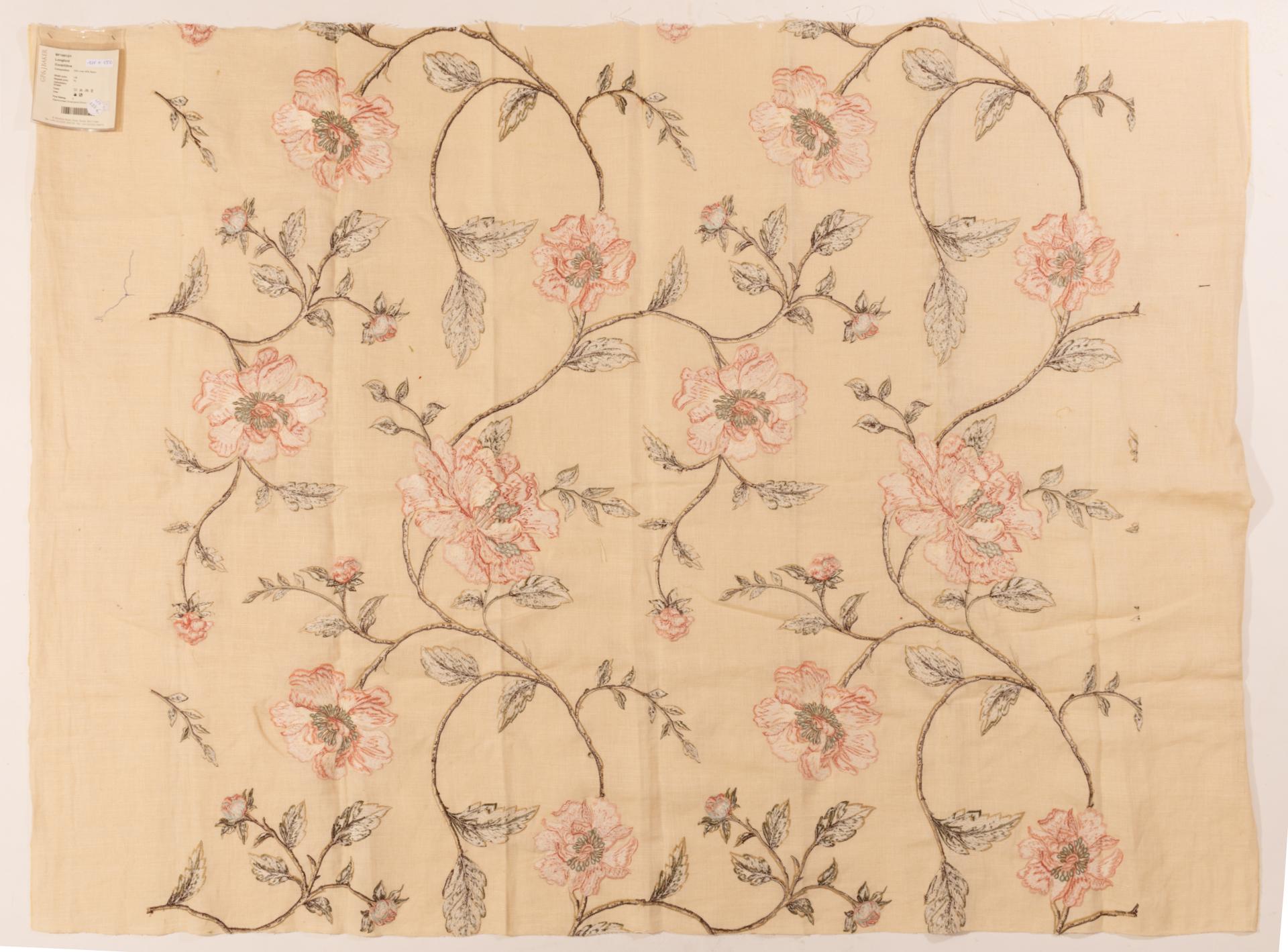 Aesthetic Movement Ivory Linen Embroidered with Pink Peonies For Sale