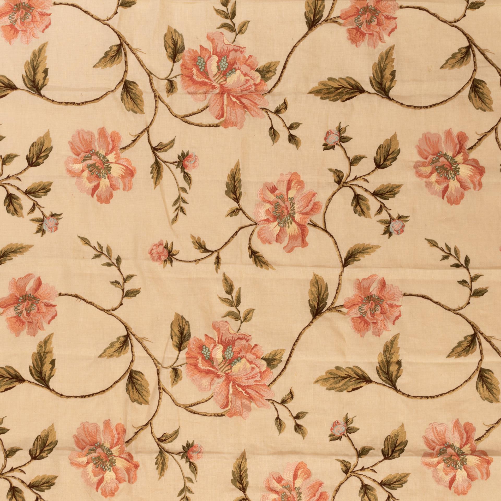 English Fabric Remnant Ivory Linen Embroidered with Pink Peonies For Sale