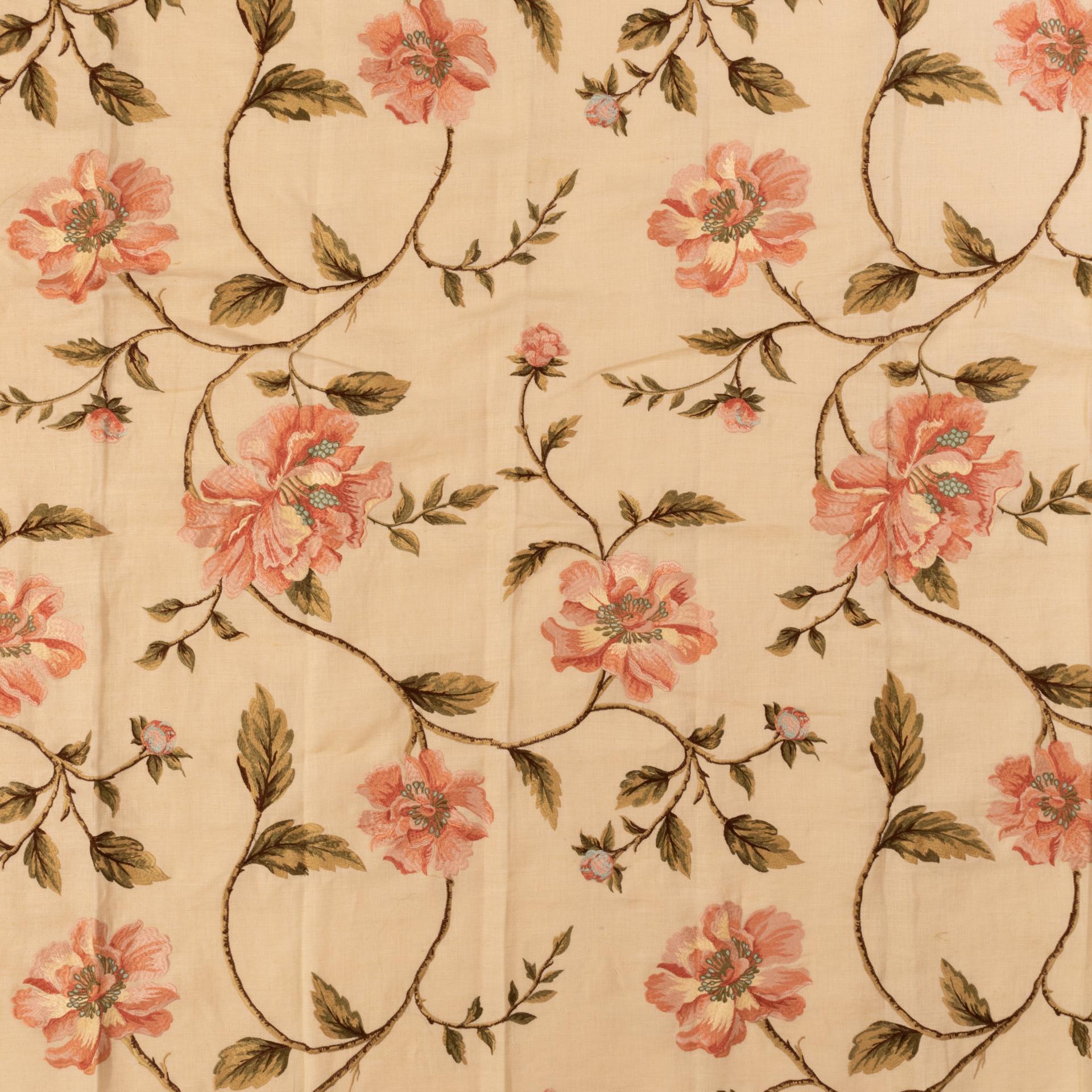 English Ivory Linen Embroidered with Pink Peonies For Sale