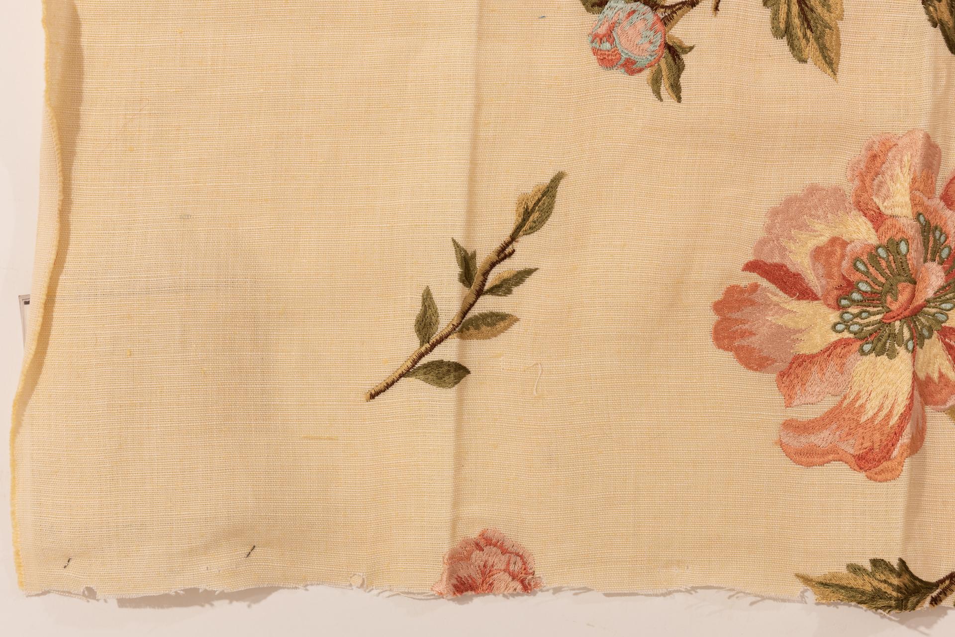 Contemporary Ivory Linen Embroidered with Pink Peonies For Sale