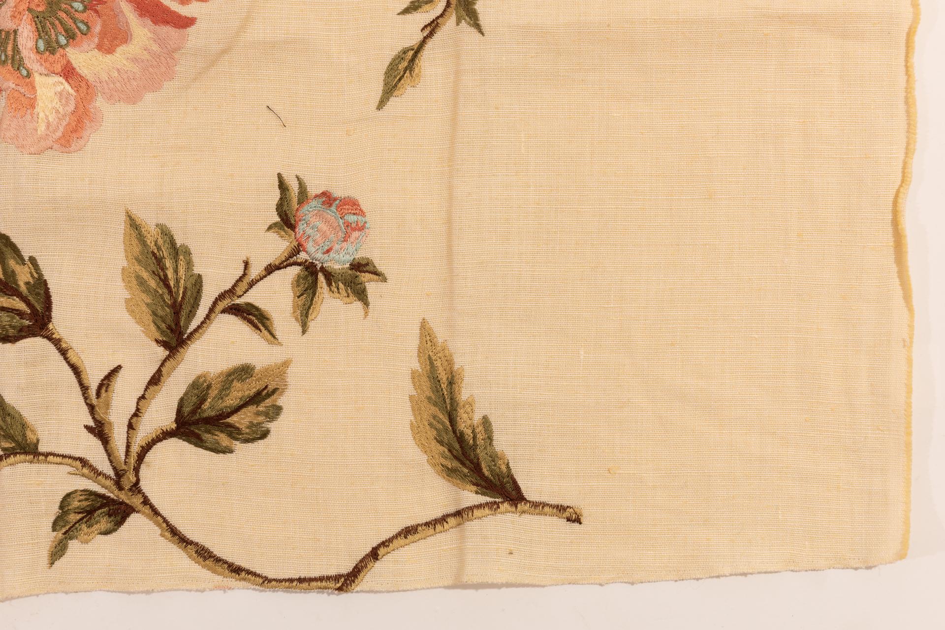 Ivory Linen Embroidered with Pink Peonies For Sale 1