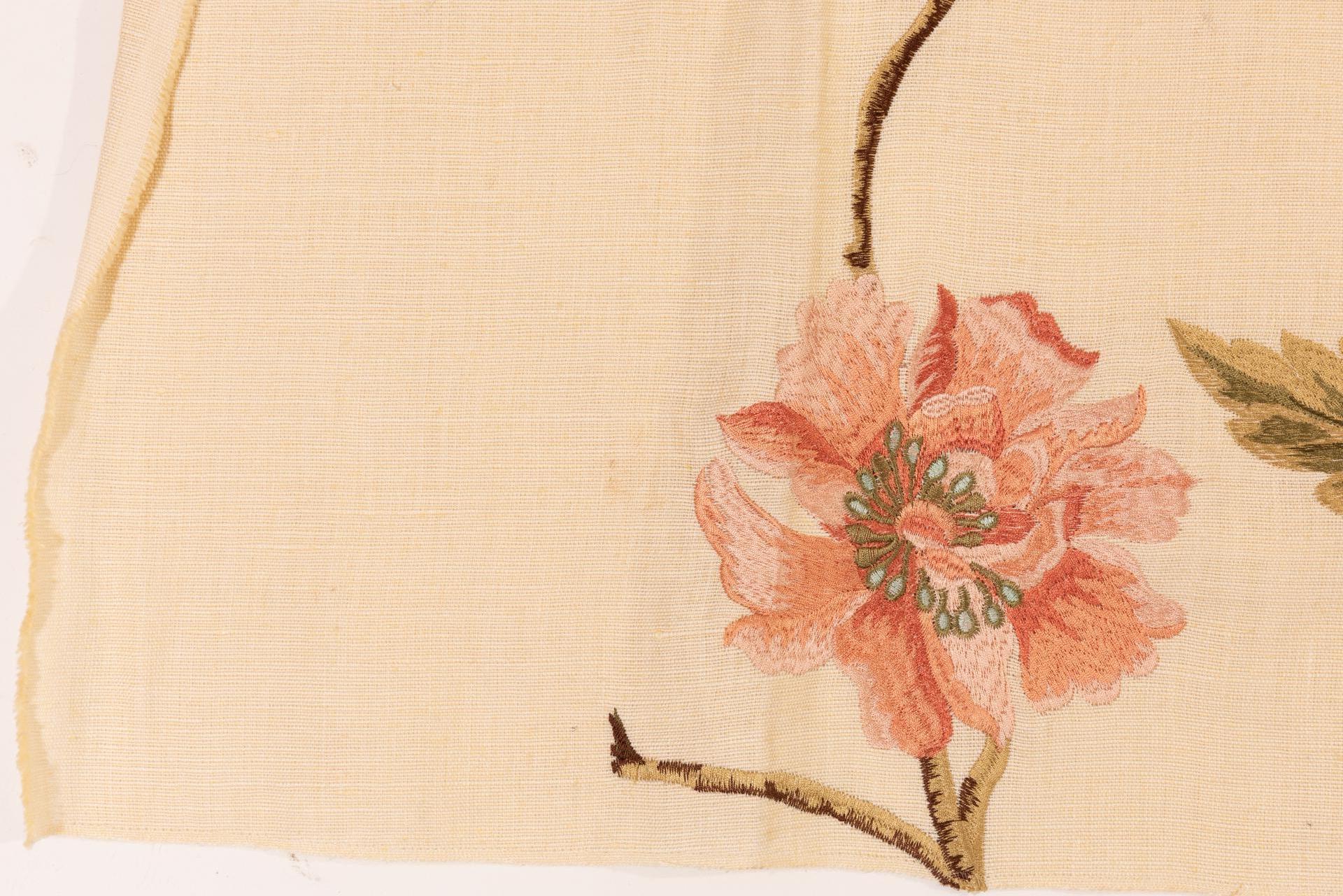 Fabric Remnant Ivory Linen Embroidered with Pink Peonies For Sale 2