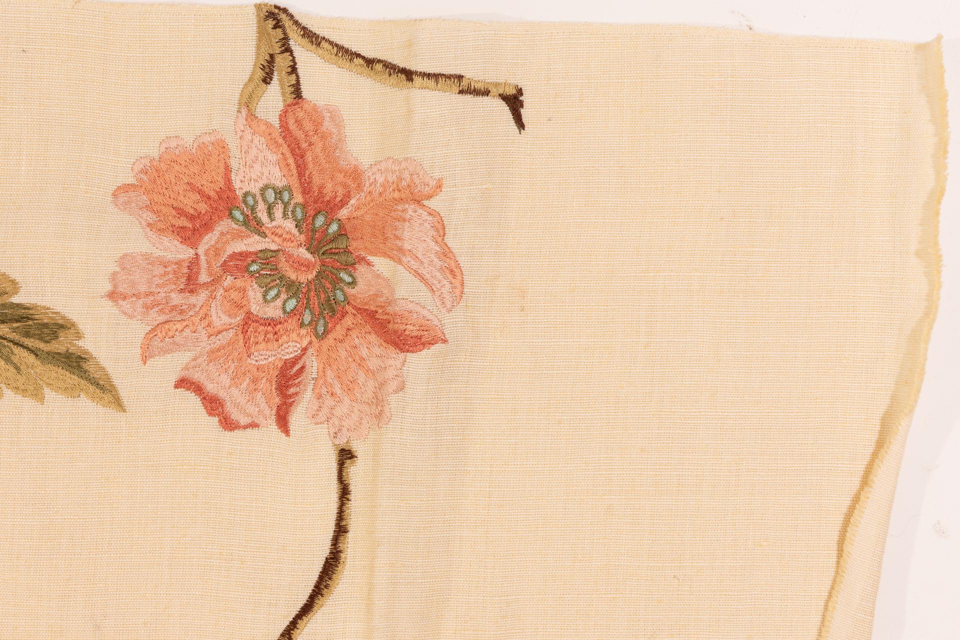 Ivory Linen Embroidered with Pink Peonies For Sale 2