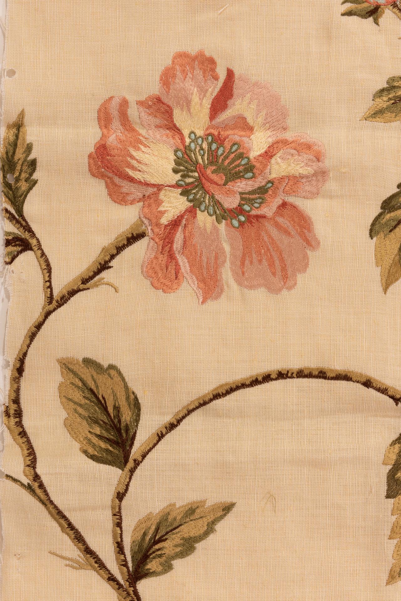 Ivory Linen Embroidered with Pink Peonies For Sale 3
