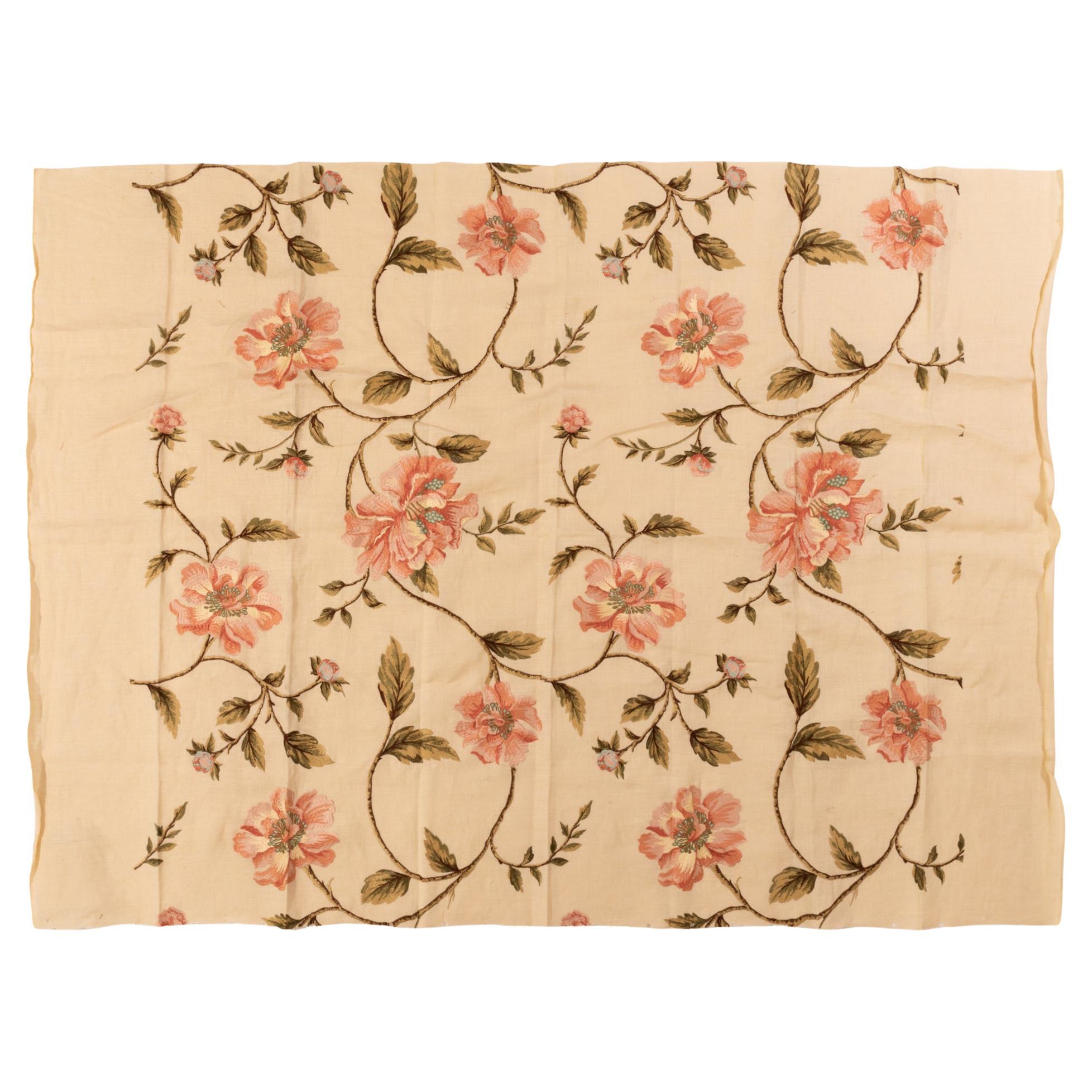 Ivory Linen Embroidered with Pink Peonies For Sale