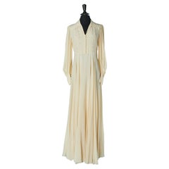 Vintage Ivory long silk dress with threads embroideries and top-stitching Circa 1970's
