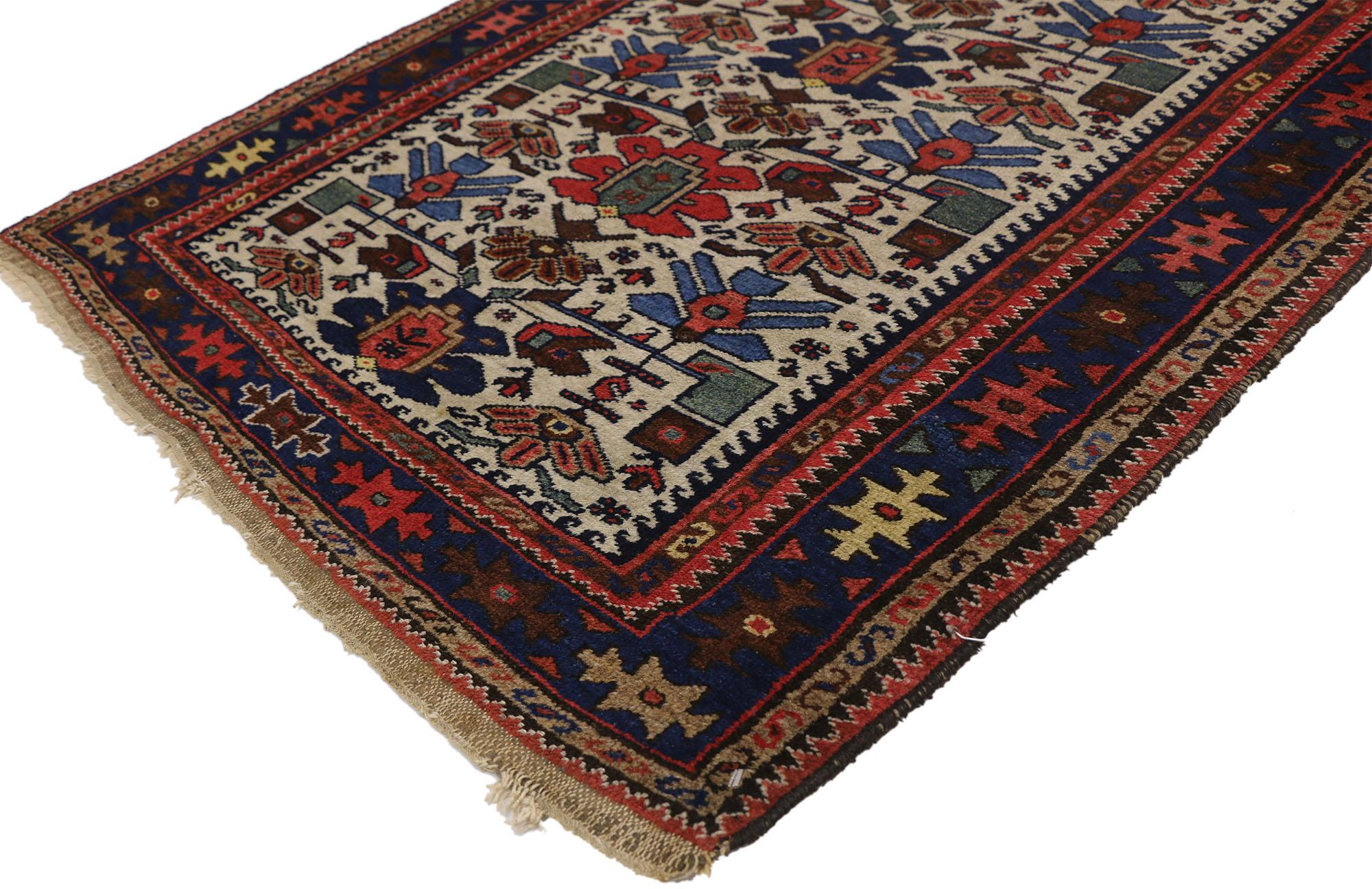 73321 Antique Persian Malayer Rug 03'04 x 06'05.
This hand knotted wool antique Persian Malayer rug features the stylized Mina Khani design. A lively geometric all-over pattern of poly-chromatic motifs contrast beautifully on the ivory backdrop. An