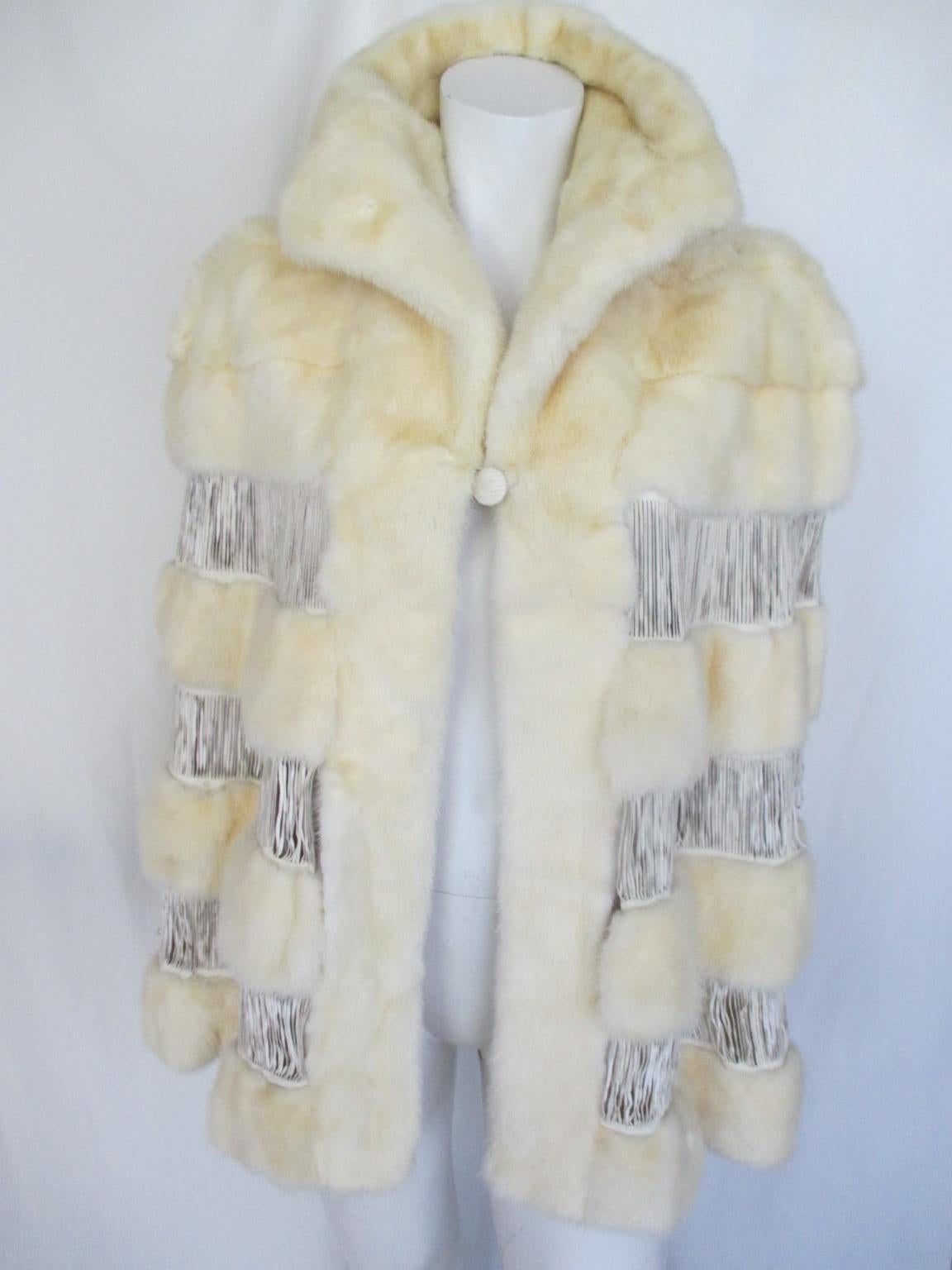 Beige Ivory Mink Fur Leather Fringe Cape For Sale