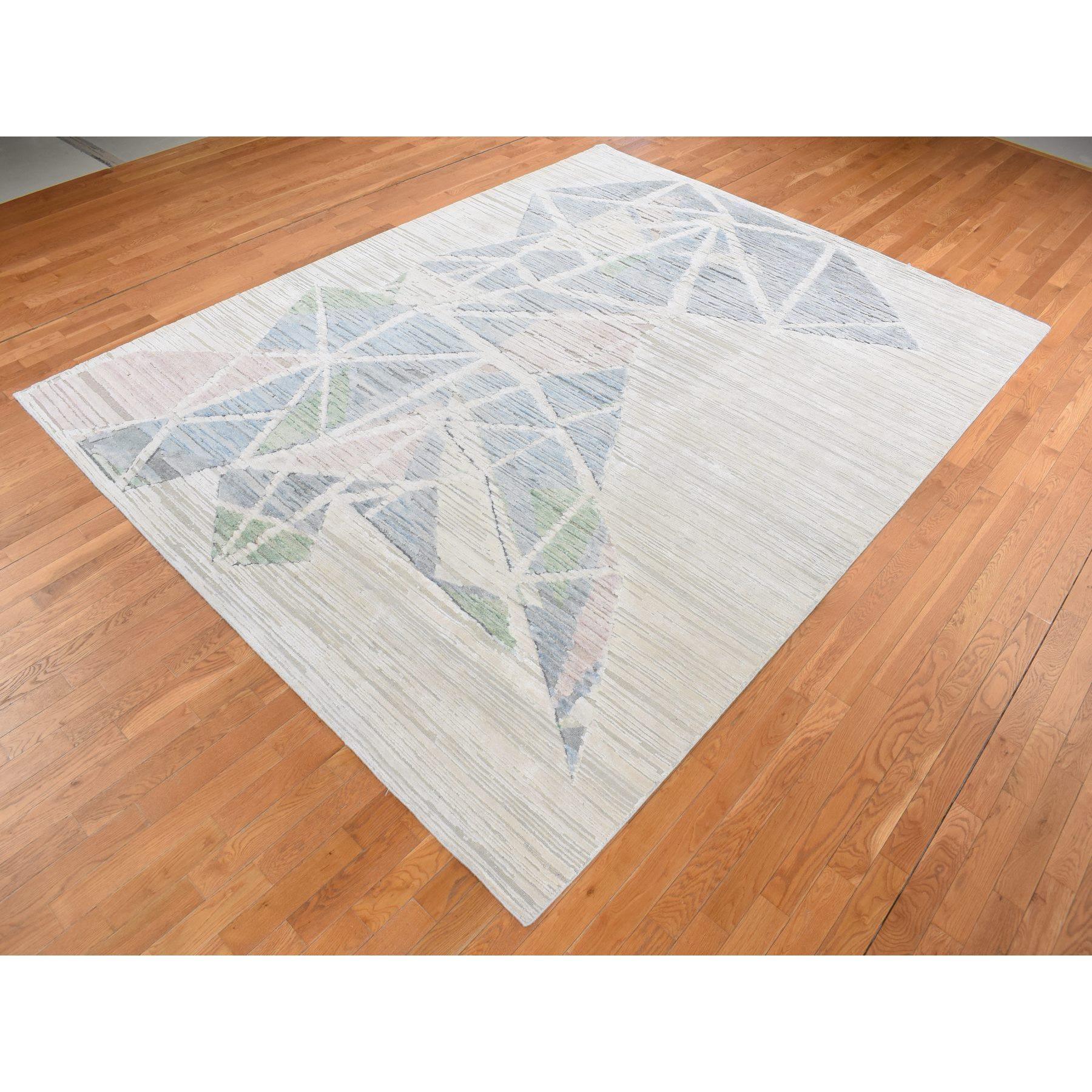 Indian Ivory Modern Abstract Design Pure Silk with Wool Hand Knotted Rug 9'0