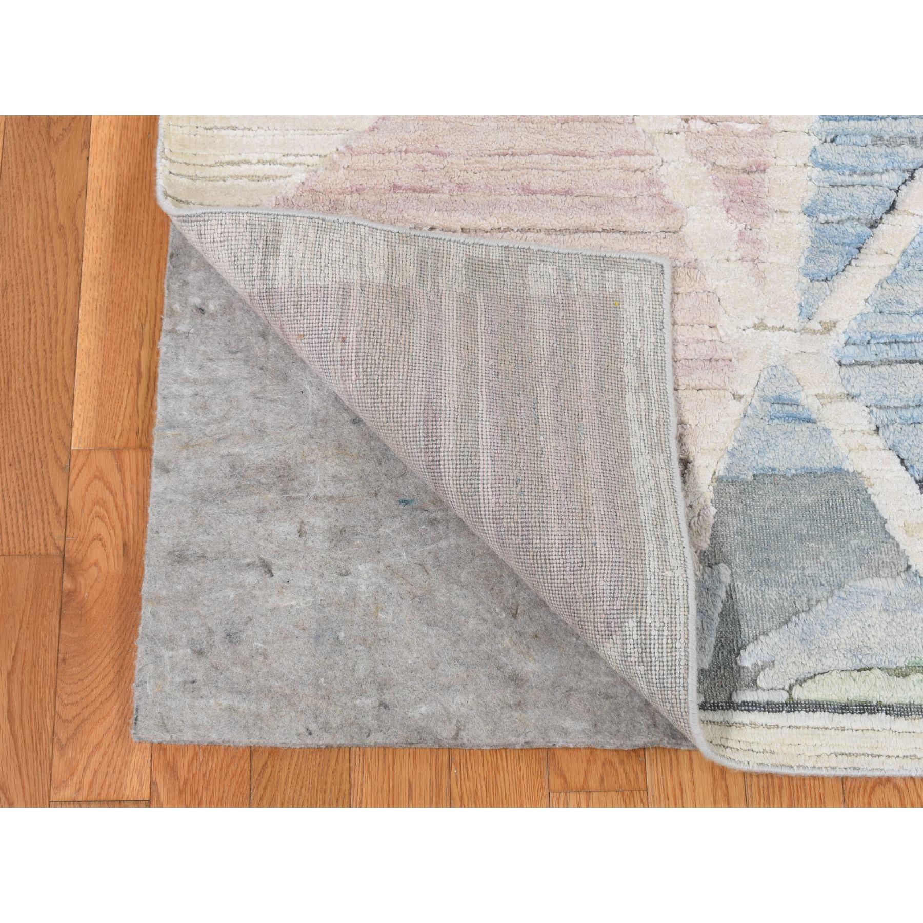 Hand-Knotted Ivory Modern Abstract Design Pure Silk with Wool Hand Knotted Rug 9'0