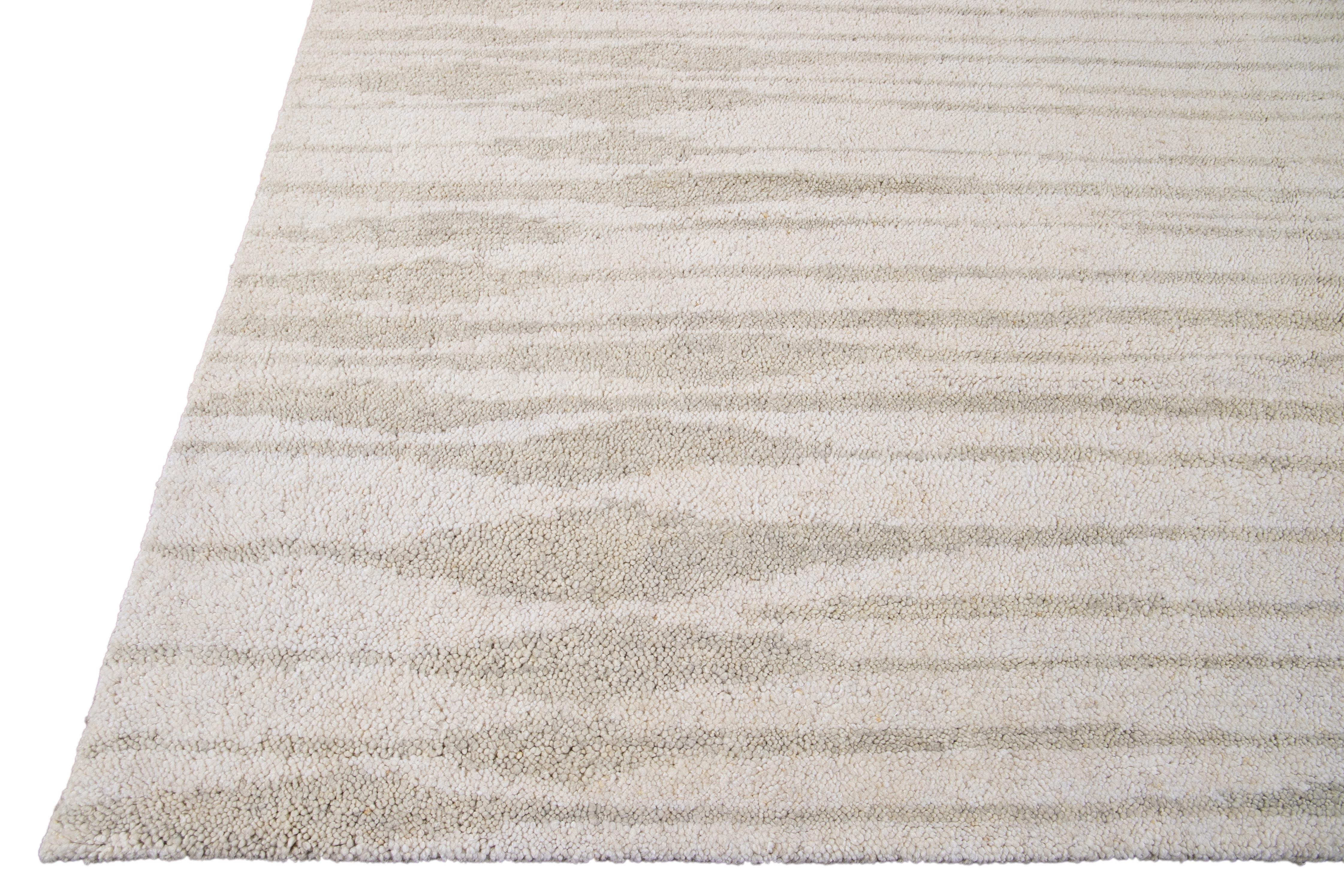Ivory Modern Moroccan Style Geometric Wool Rug For Sale 6