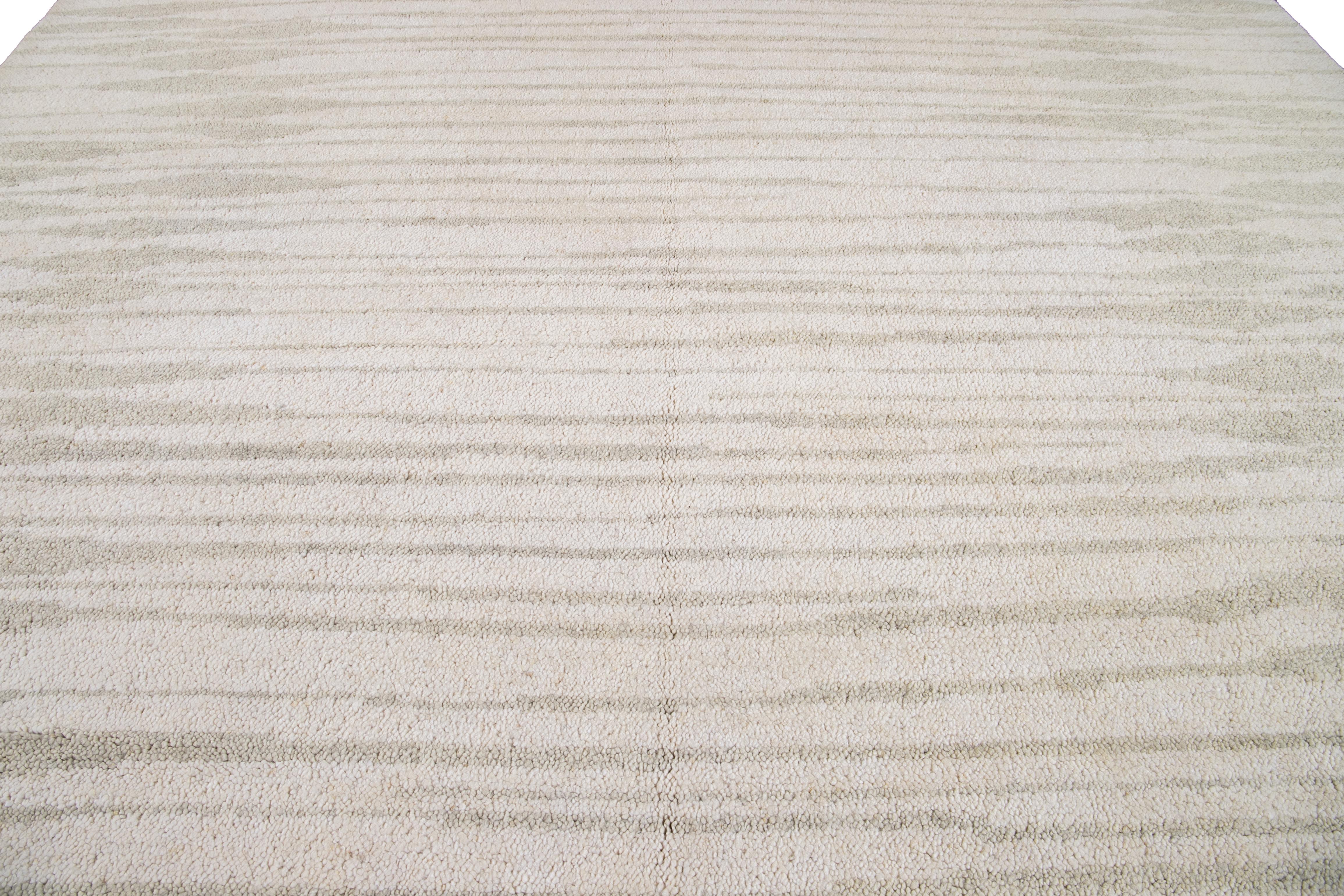 Ivory Modern Moroccan Style Geometric Wool Rug For Sale 7