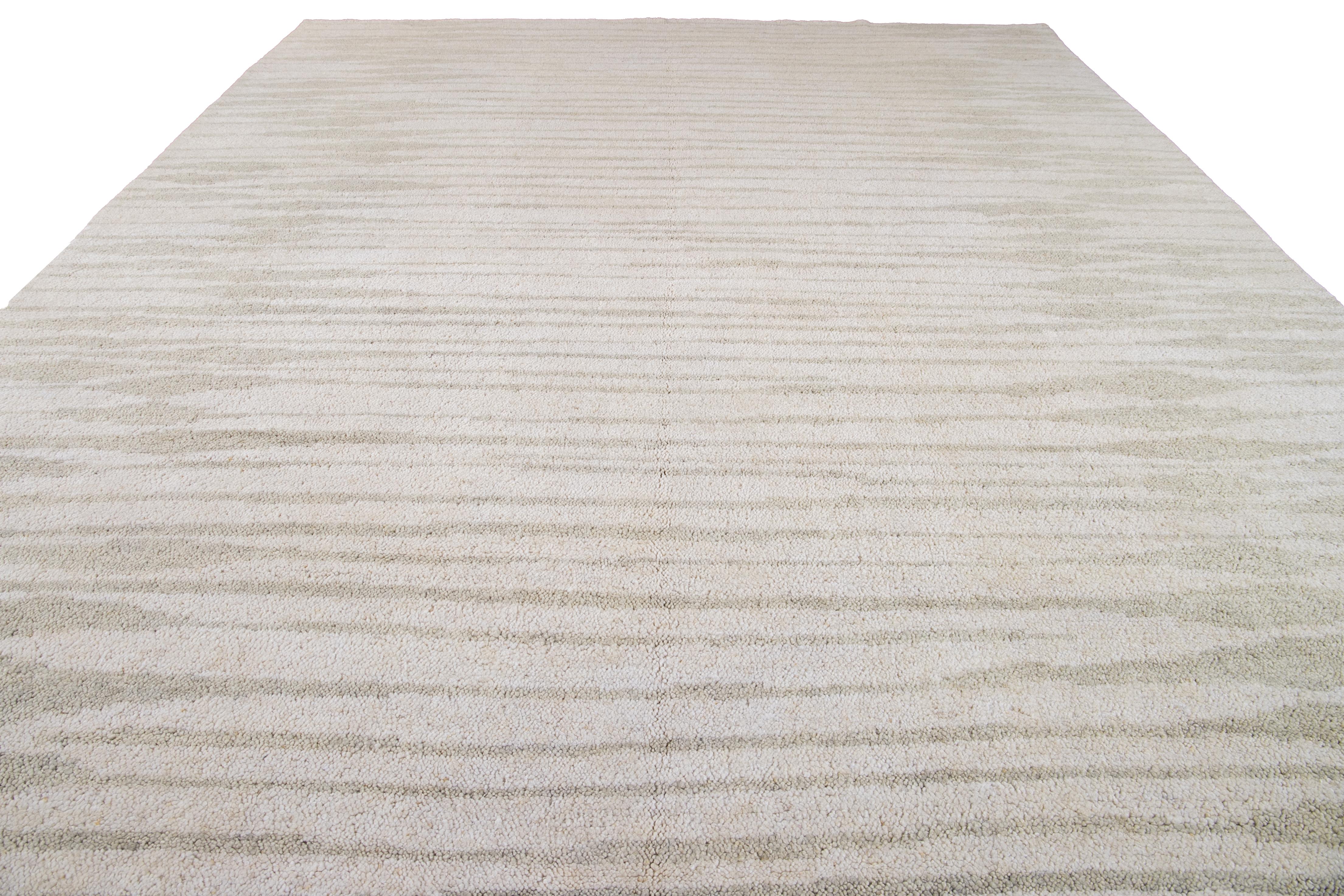 Indian Ivory Modern Moroccan Style Geometric Wool Rug For Sale