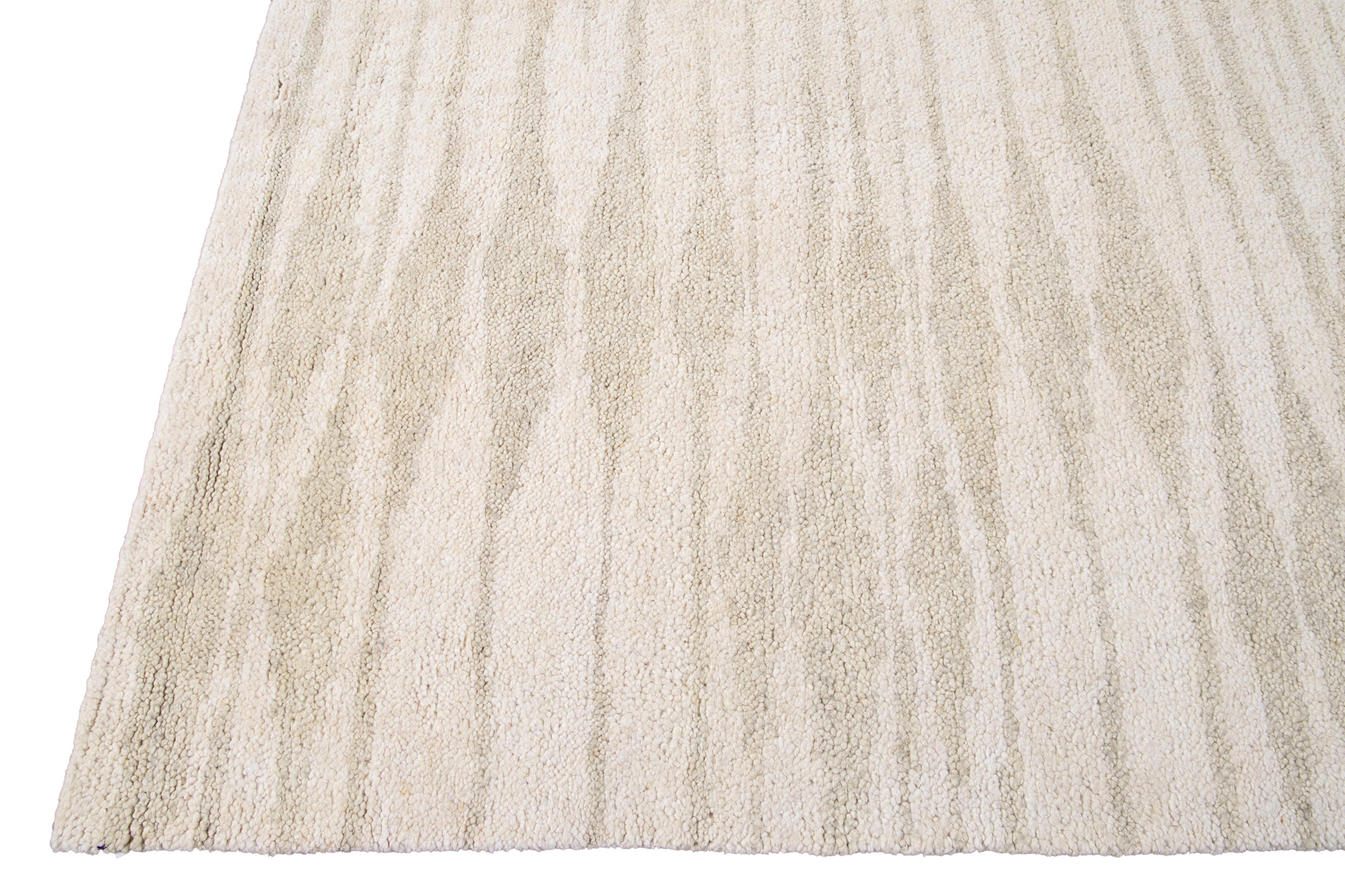 Hand-Knotted Ivory Modern Moroccan Style Geometric Wool Rug For Sale