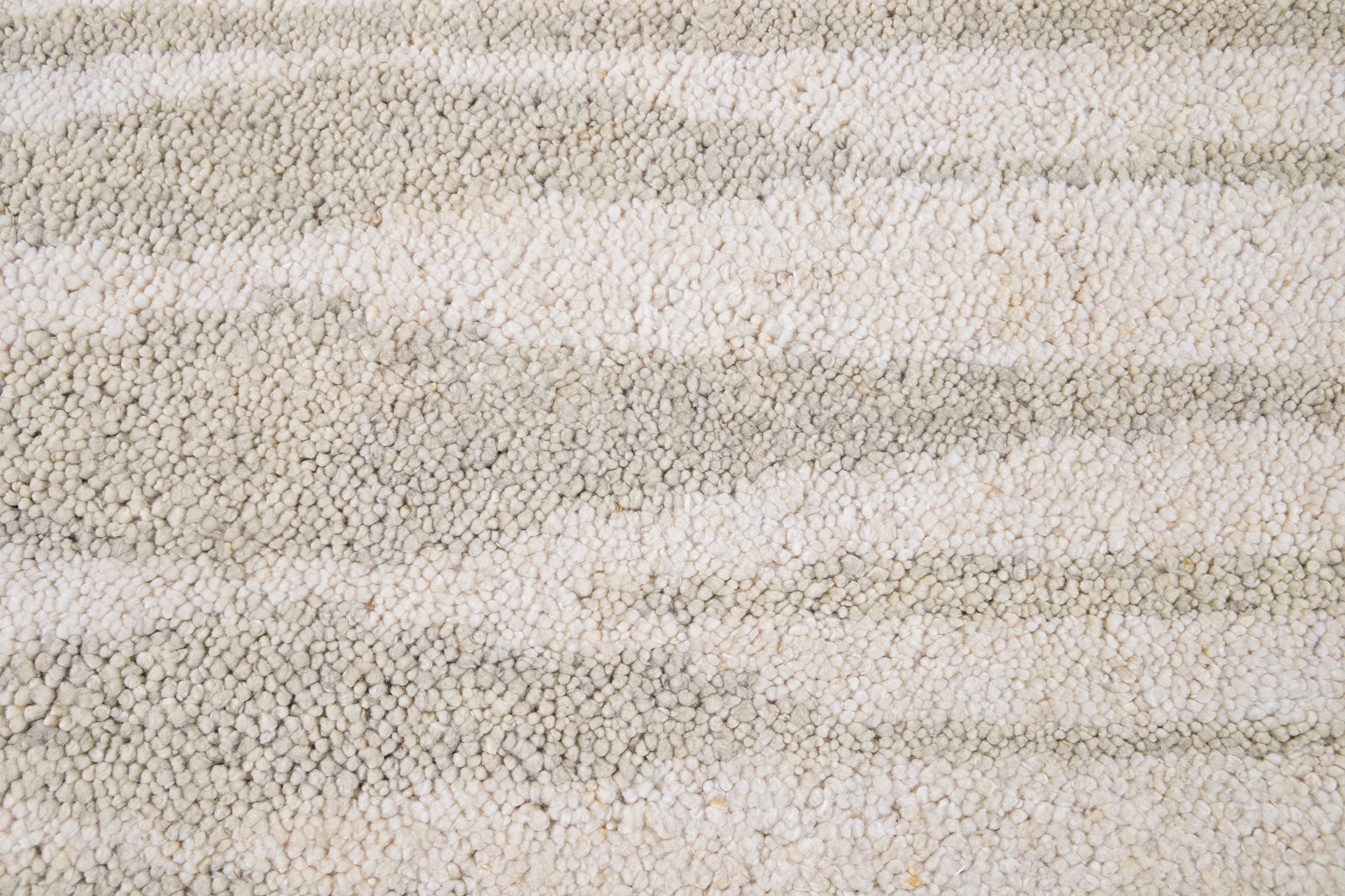 Contemporary Ivory Modern Moroccan Style Geometric Wool Rug For Sale