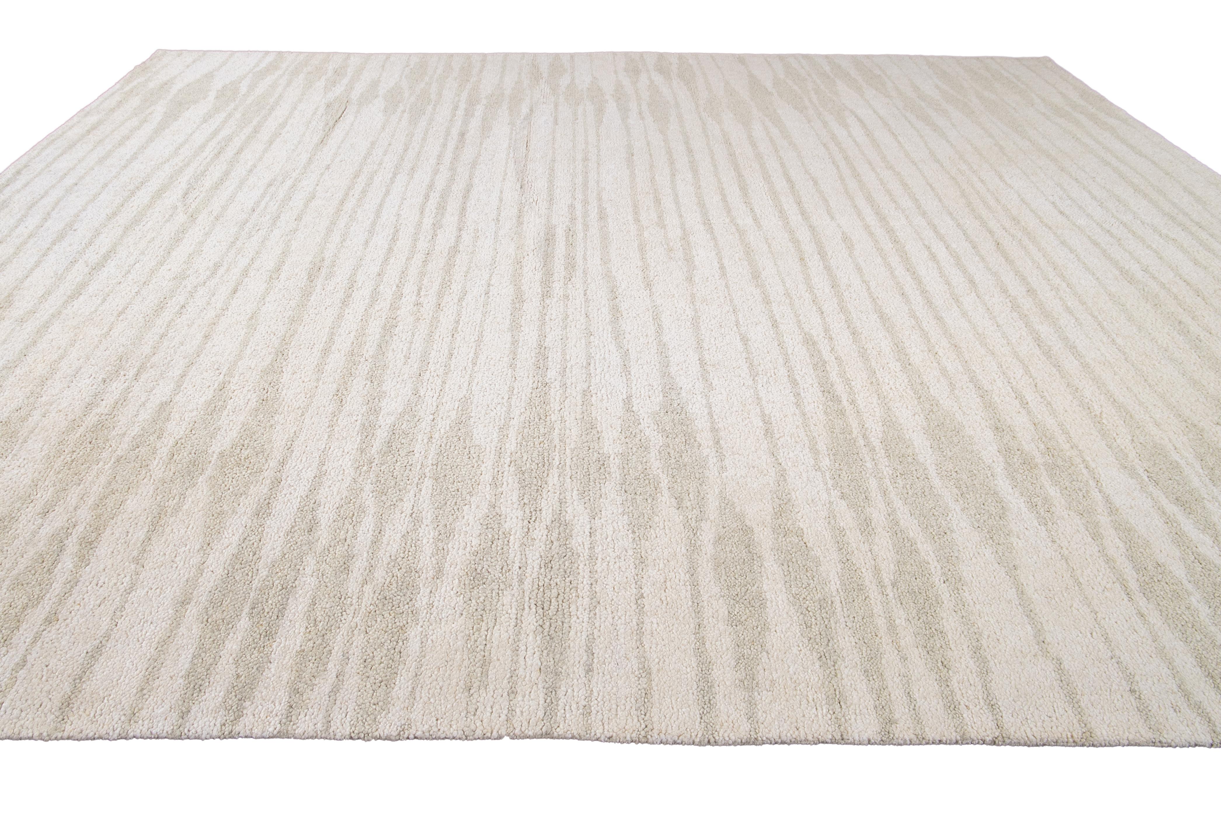 Ivory Modern Moroccan Style Geometric Wool Rug For Sale 1