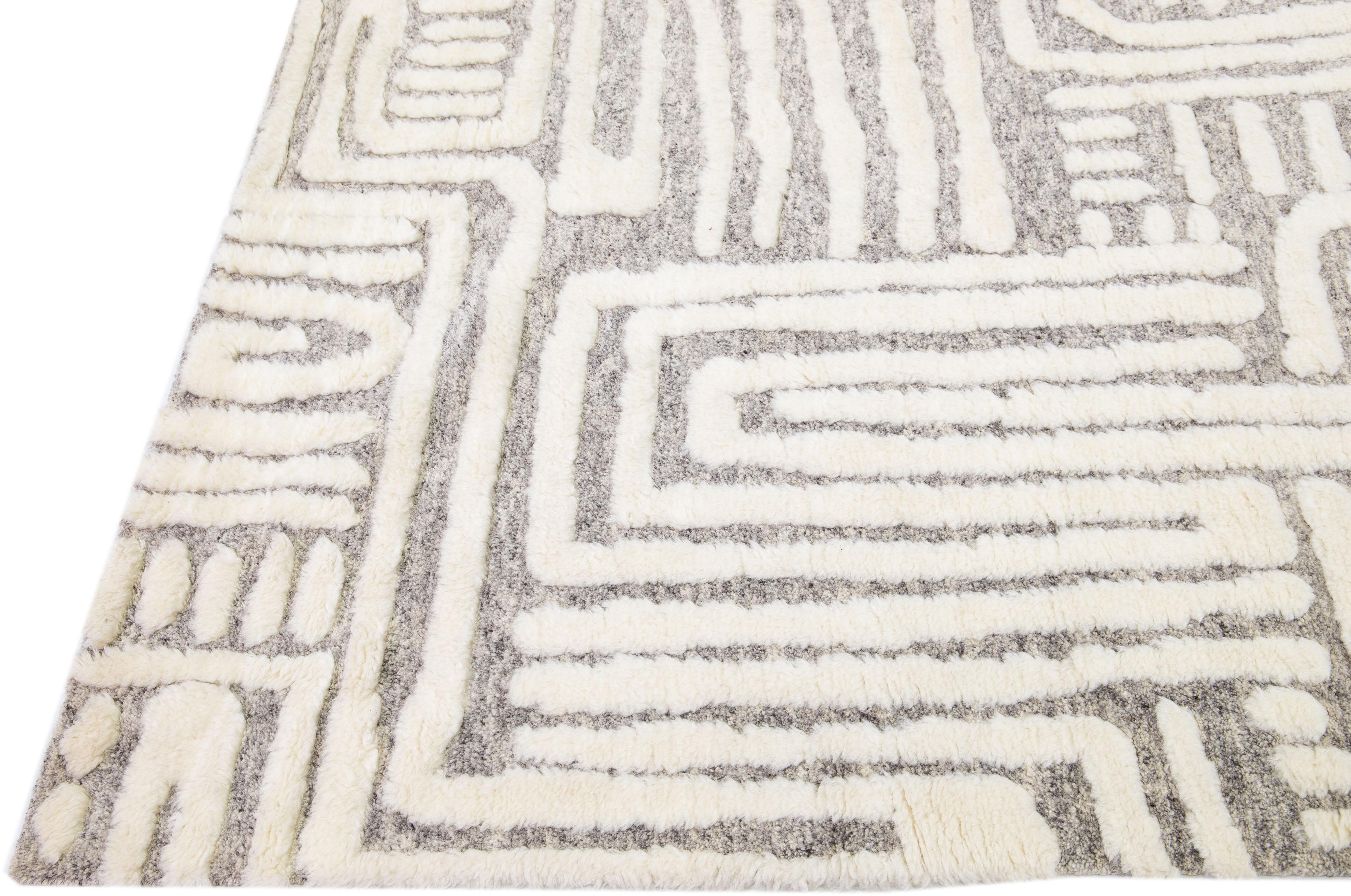 Hand-Knotted Ivory Modern Moroccan Style Handmade Abstract Designed Wool Rug by Apadana For Sale