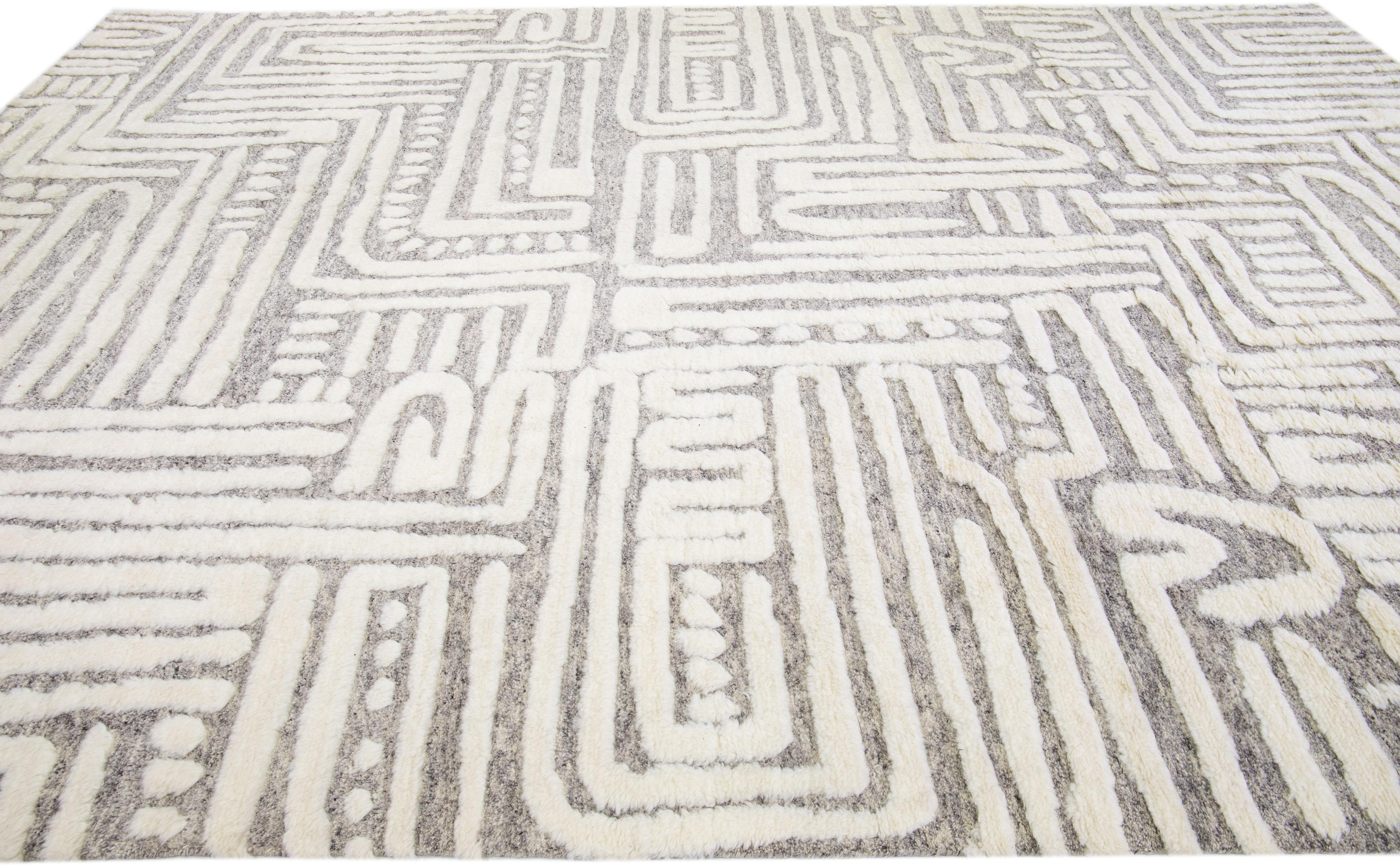 Ivory Modern Moroccan Style Handmade Abstract Designed Wool Rug by Apadana In New Condition For Sale In Norwalk, CT