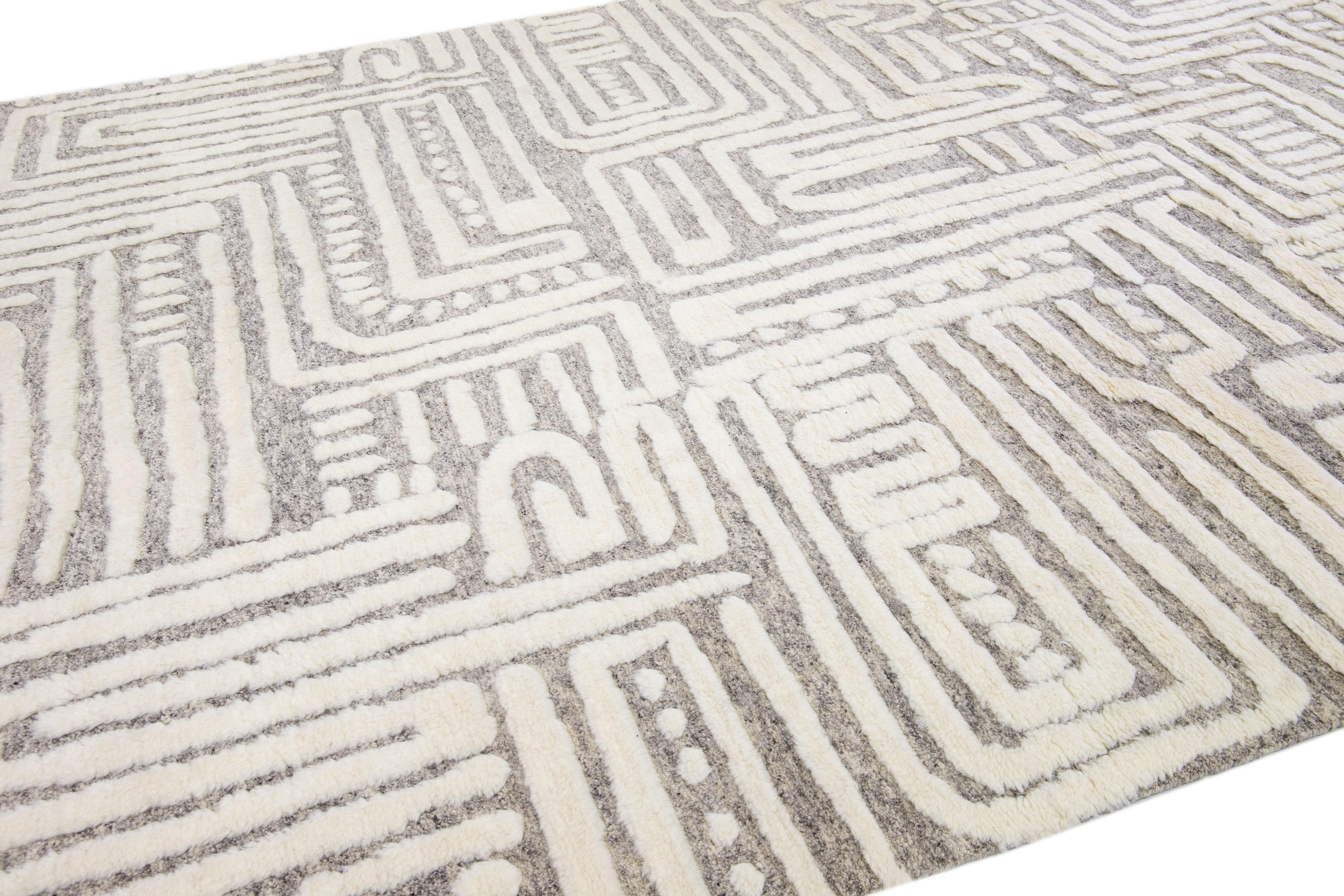 Contemporary Ivory Modern Moroccan Style Handmade Abstract Designed Wool Rug by Apadana For Sale