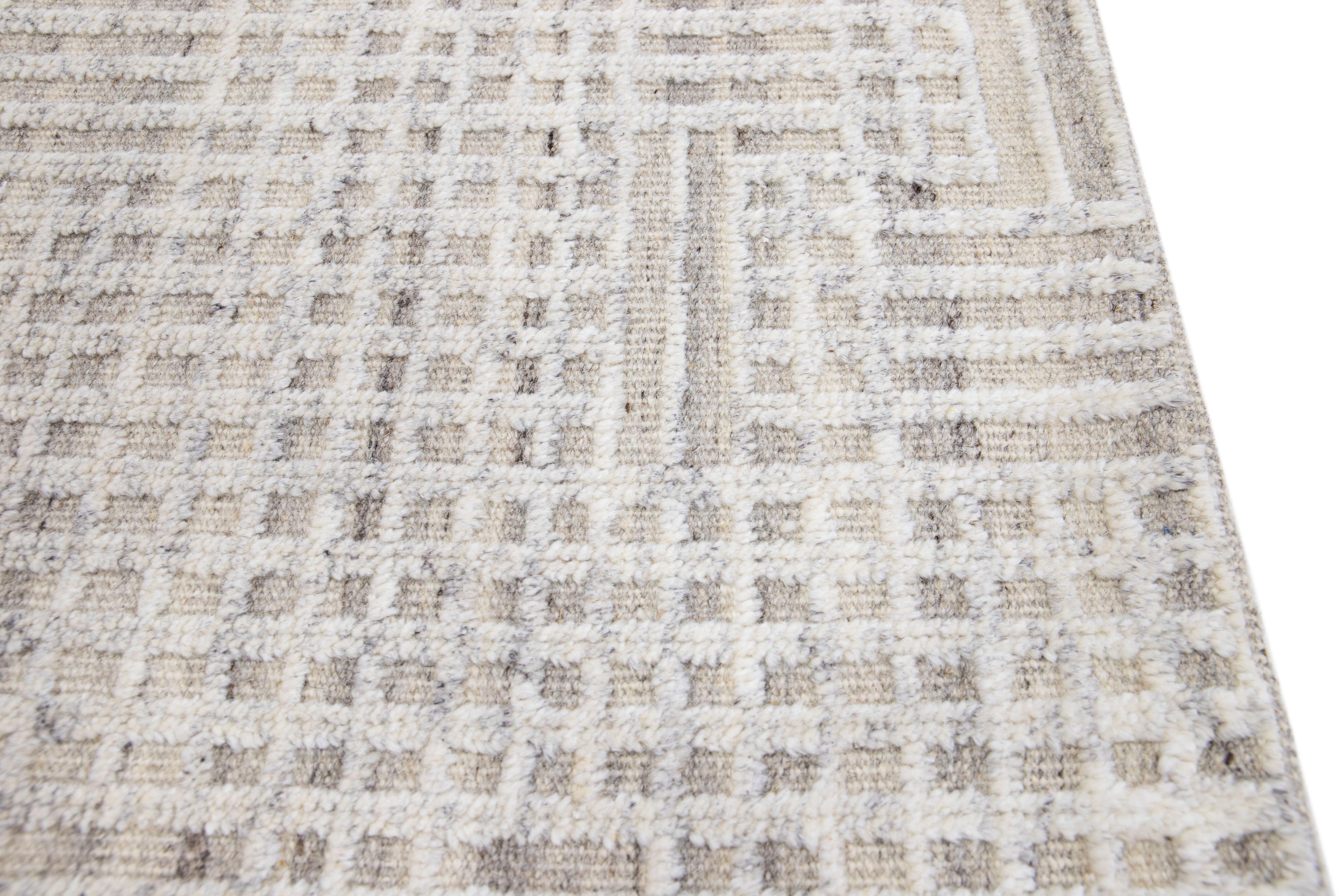 Indian Ivory Modern Moroccan Style Handmade Custom Wool Rug For Sale